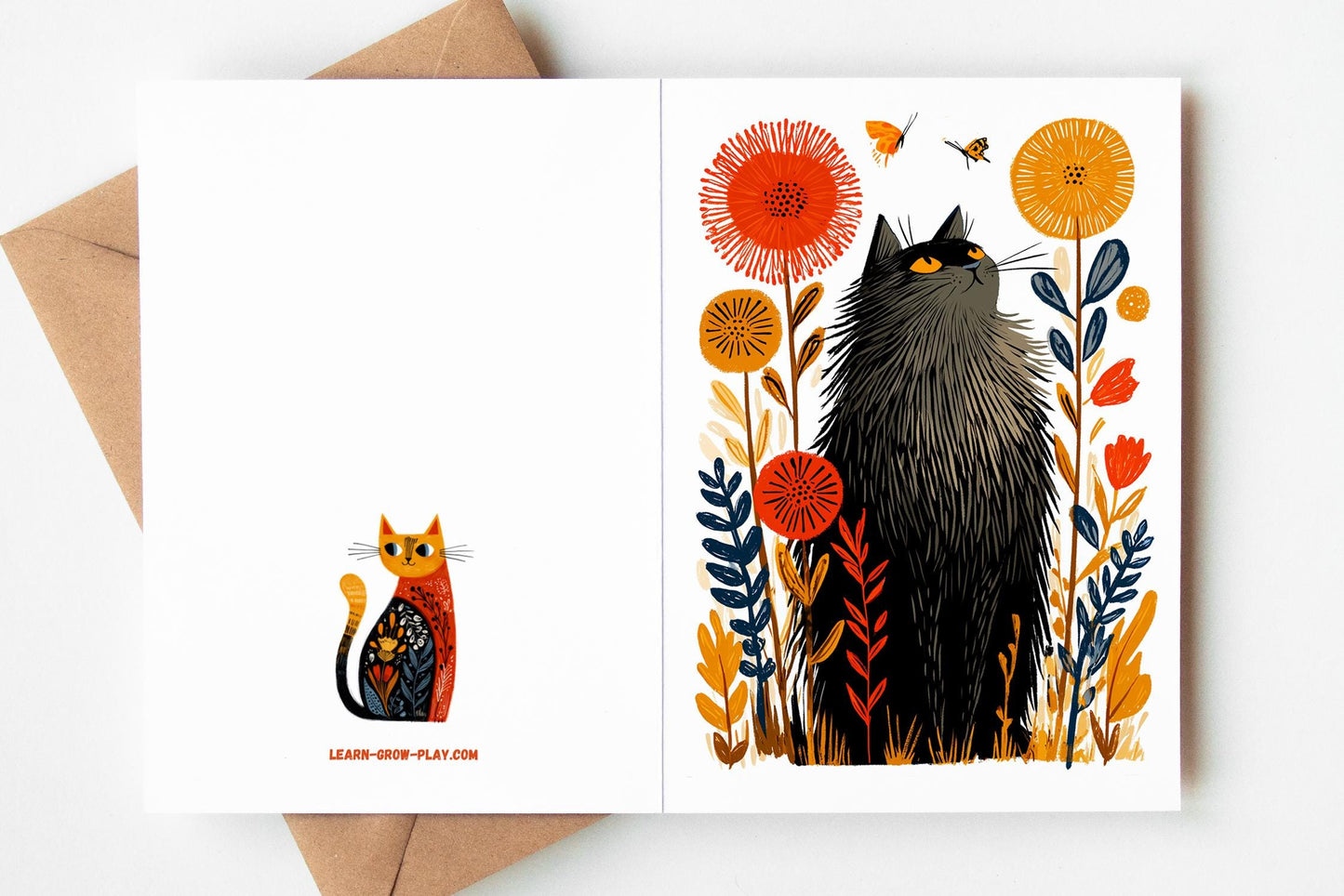 Cat folk-art greeting card, blank inside