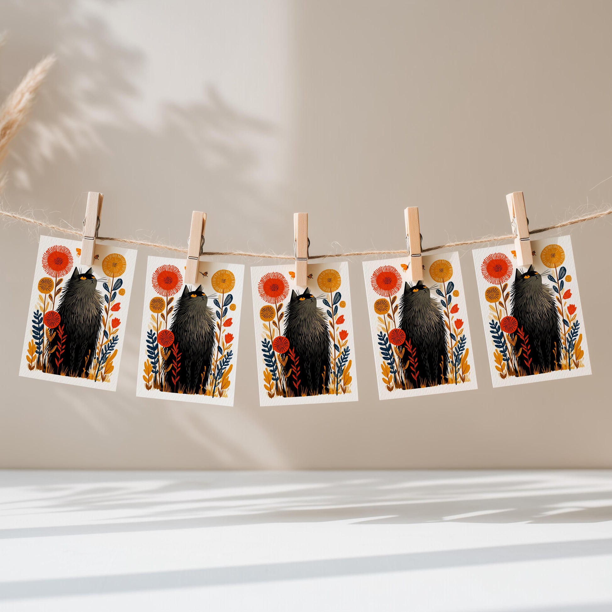 Cat folk-art greeting card, blank inside