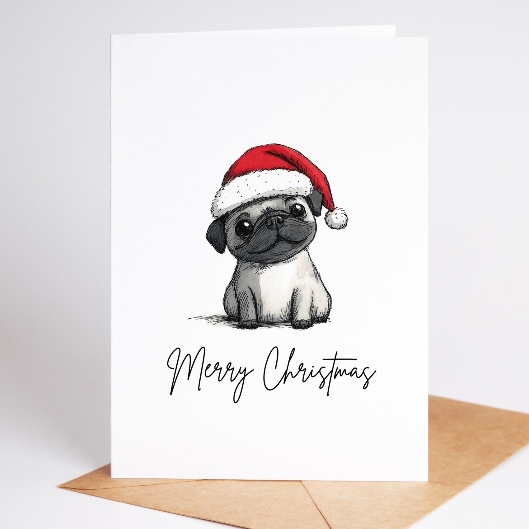 Pug folk-art greeting card, blank inside