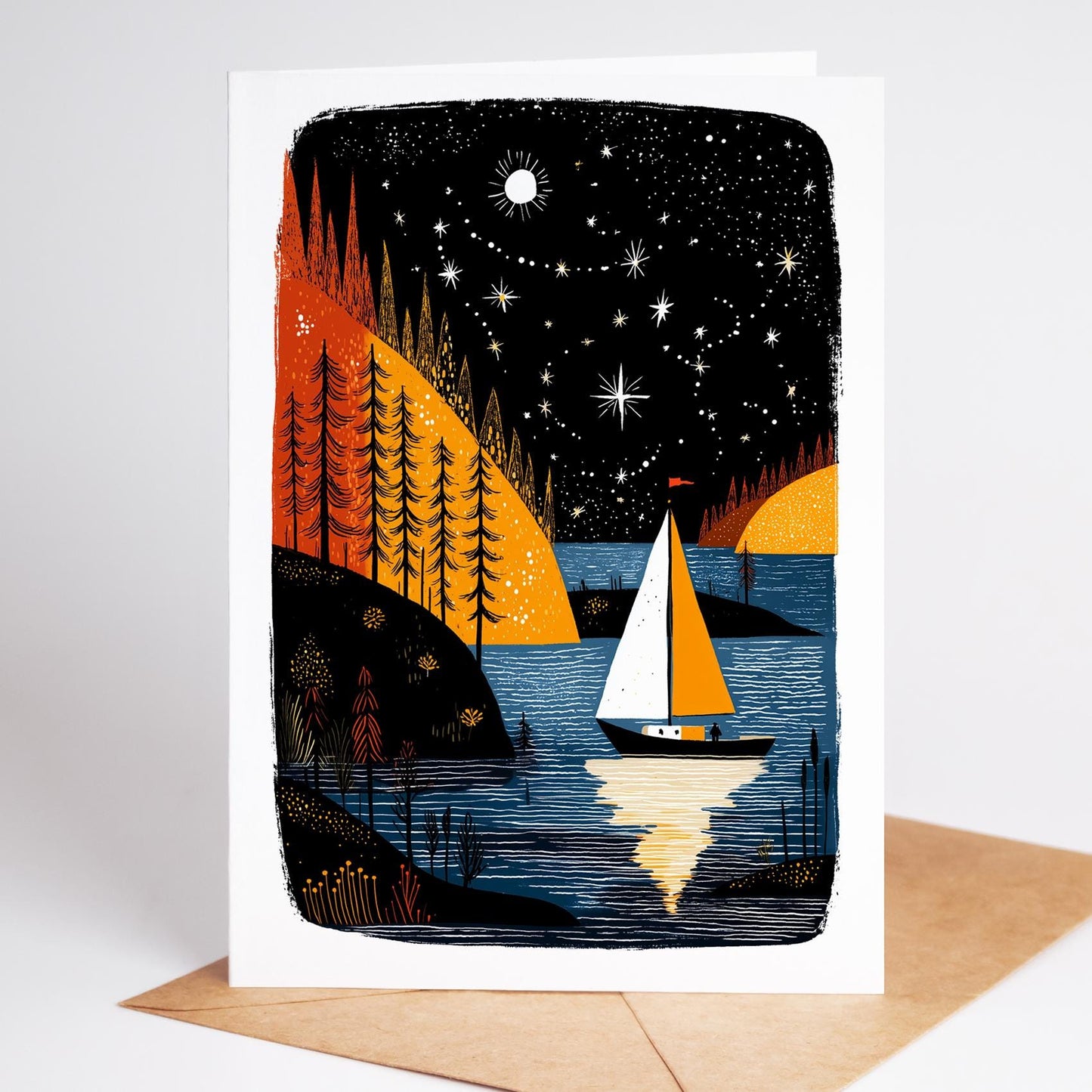 Sailing folk-art greeting card, blank inside