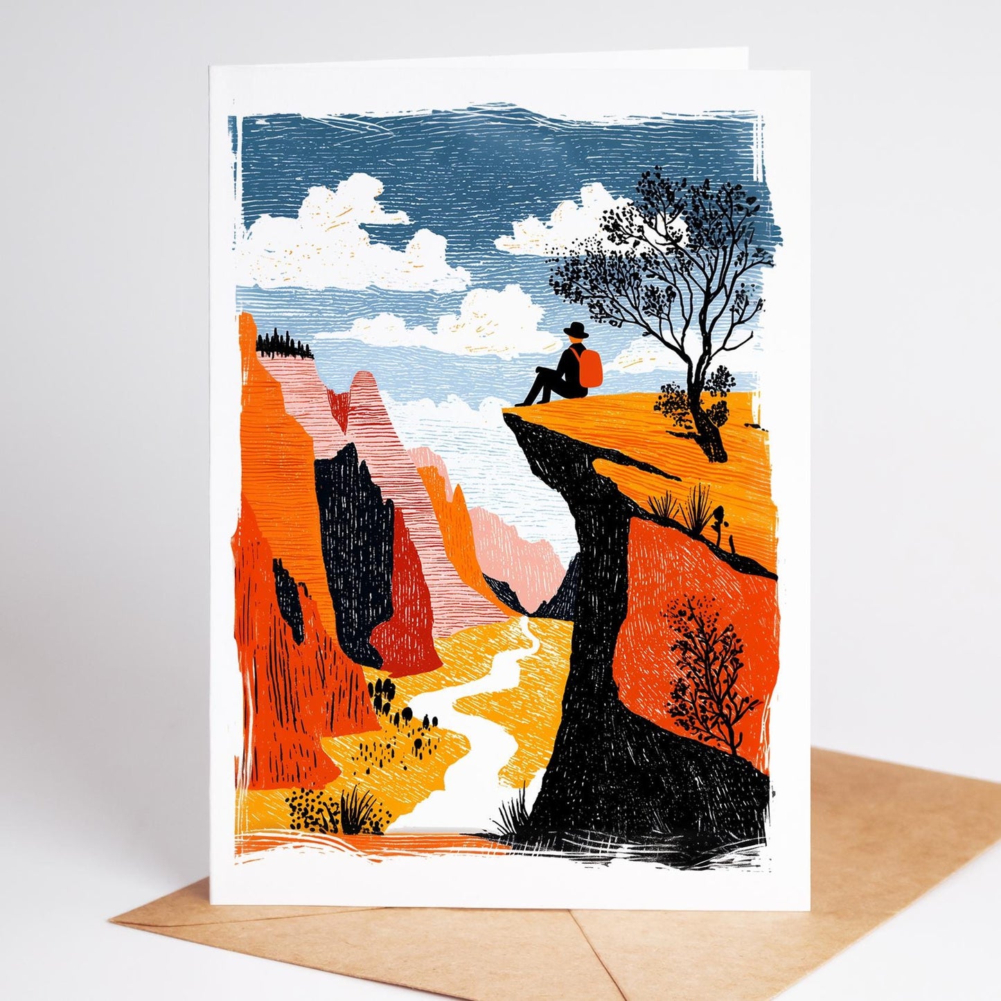 Hiking folk-art greeting card, blank inside