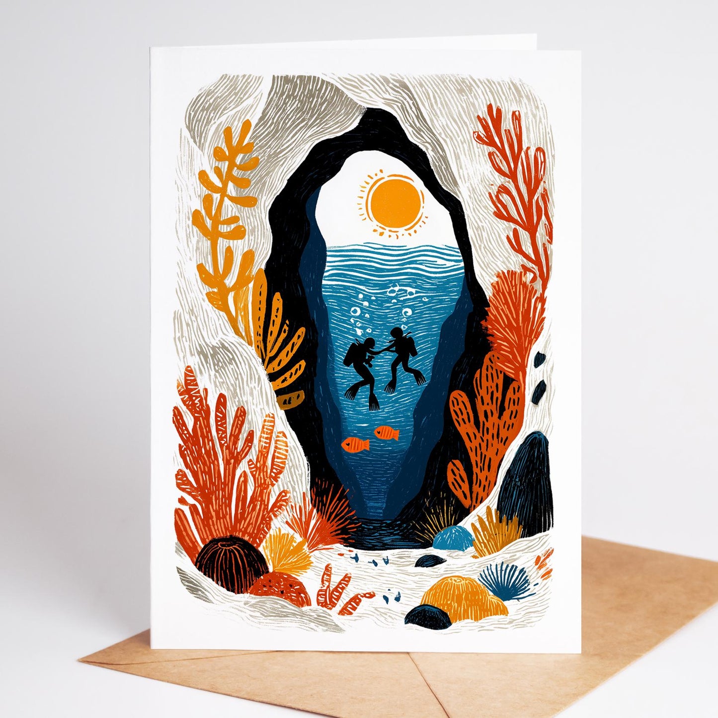 SCUBA folk-art greeting card, blank inside