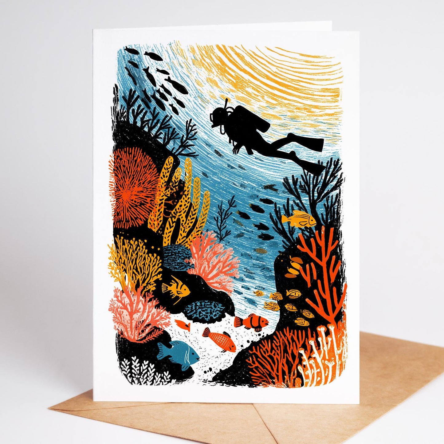 SCUBA folk-art greeting card, blank inside