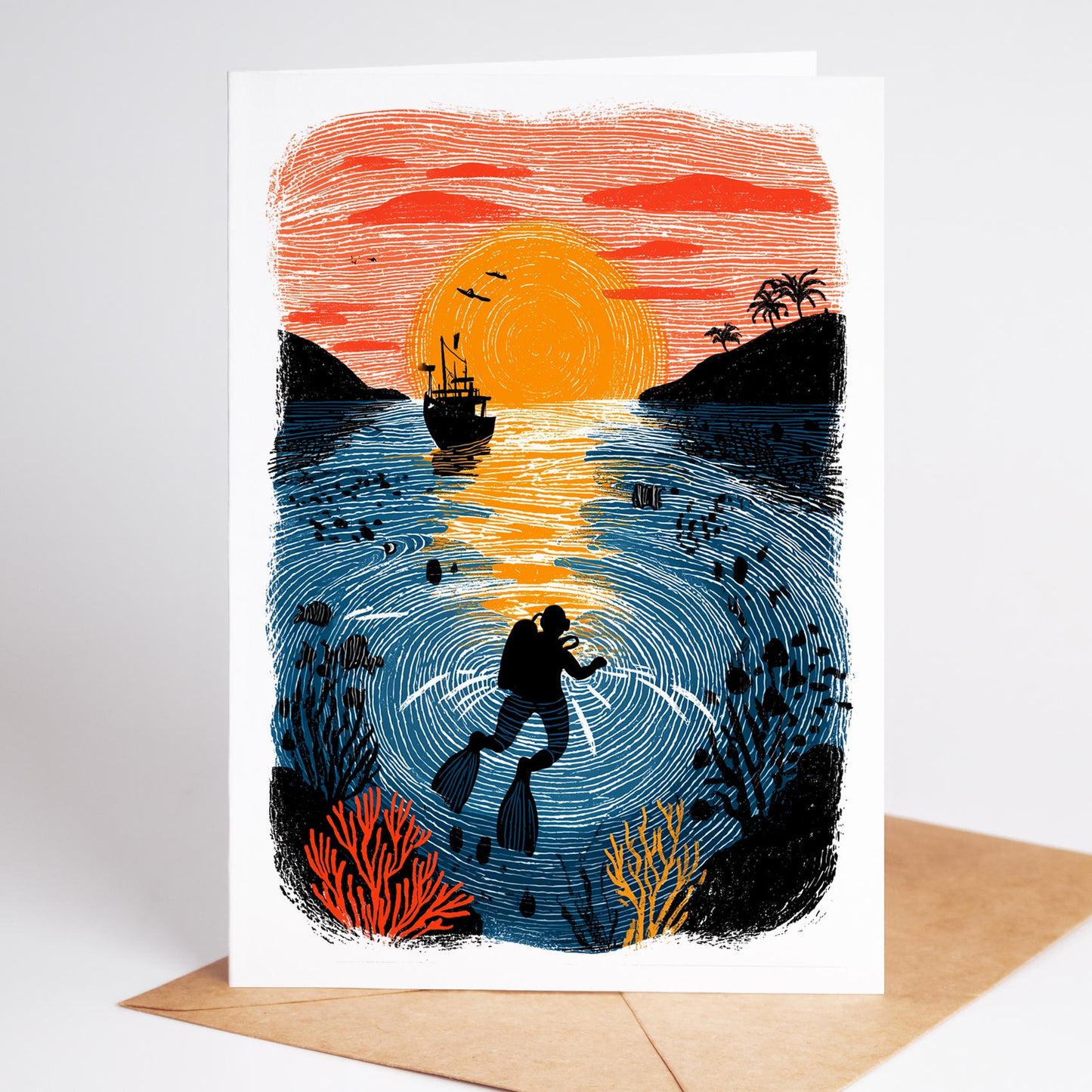 SCUBA folk-art greeting card, blank inside