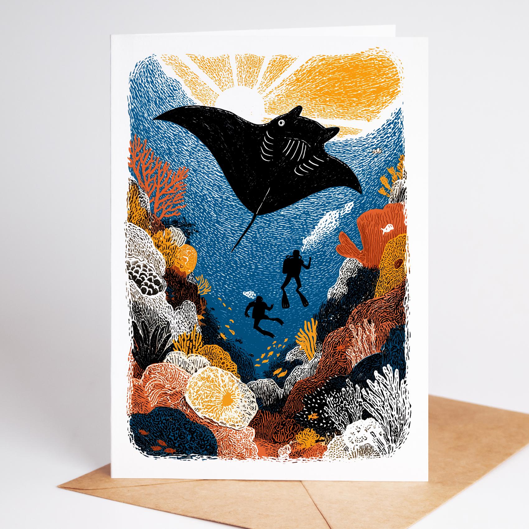 SCUBA folk-art greeting card, blank inside
