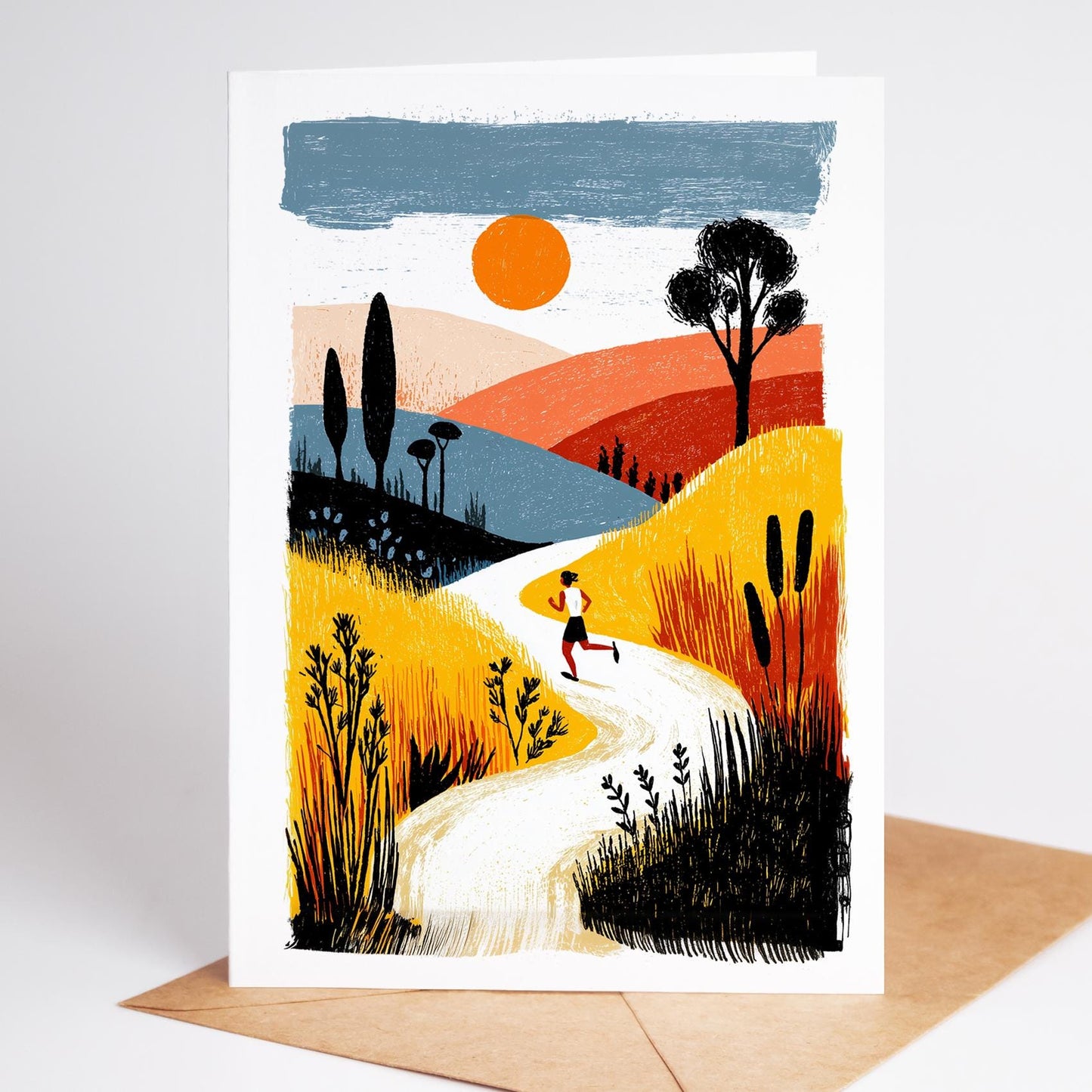 Running folk-art greeting card, blank inside