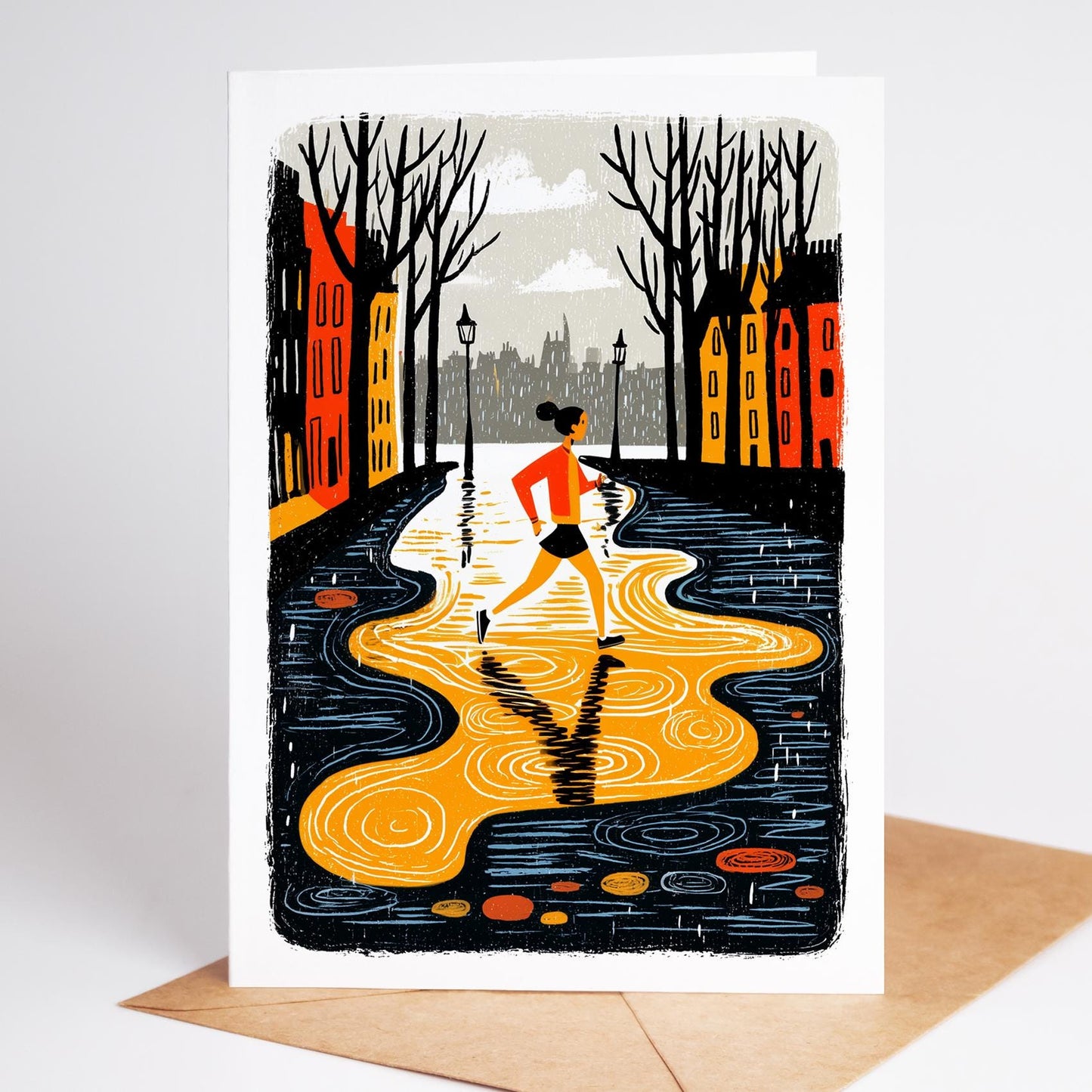 Running folk-art greeting card, blank inside