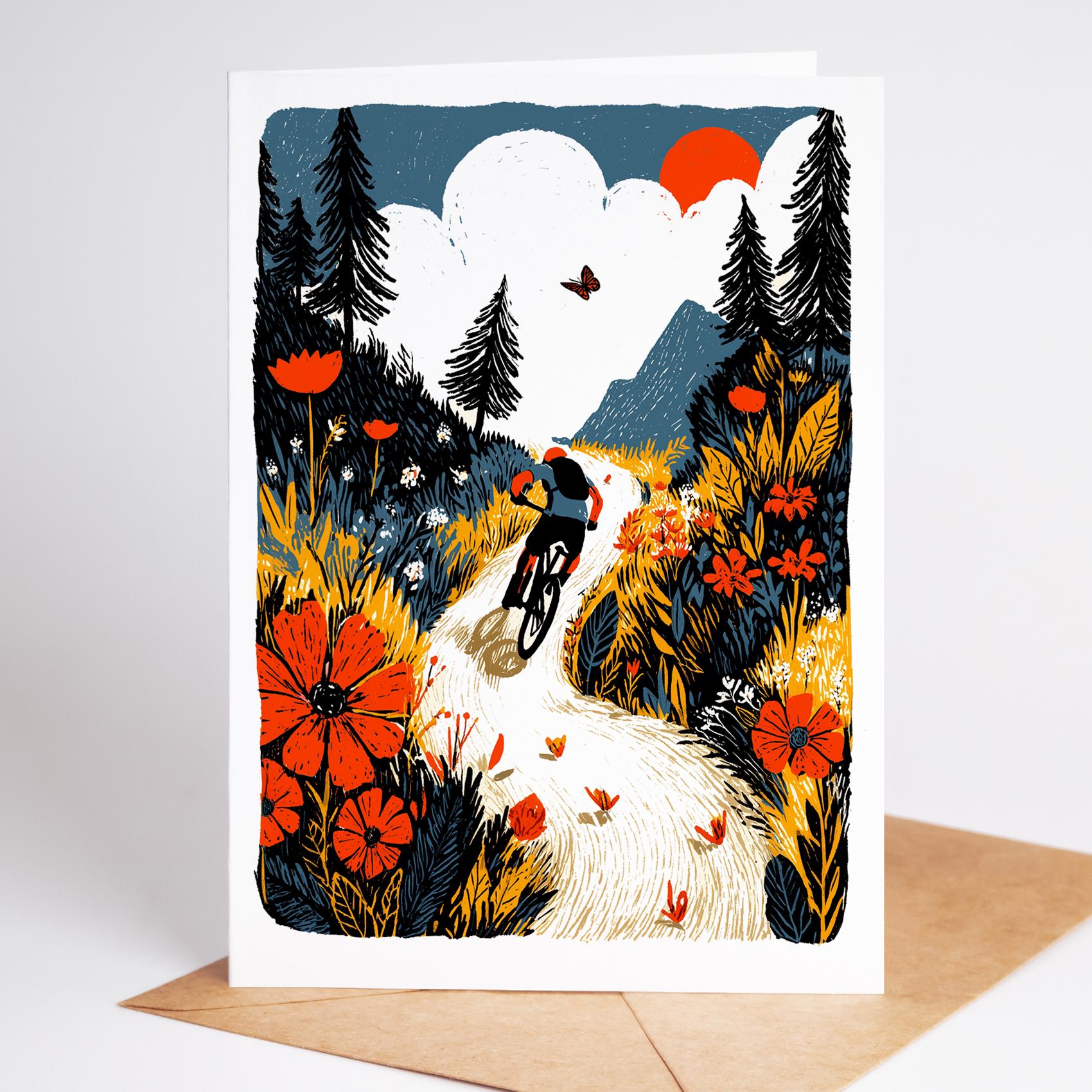 Mountain Bike folk-art greeting card, blank inside