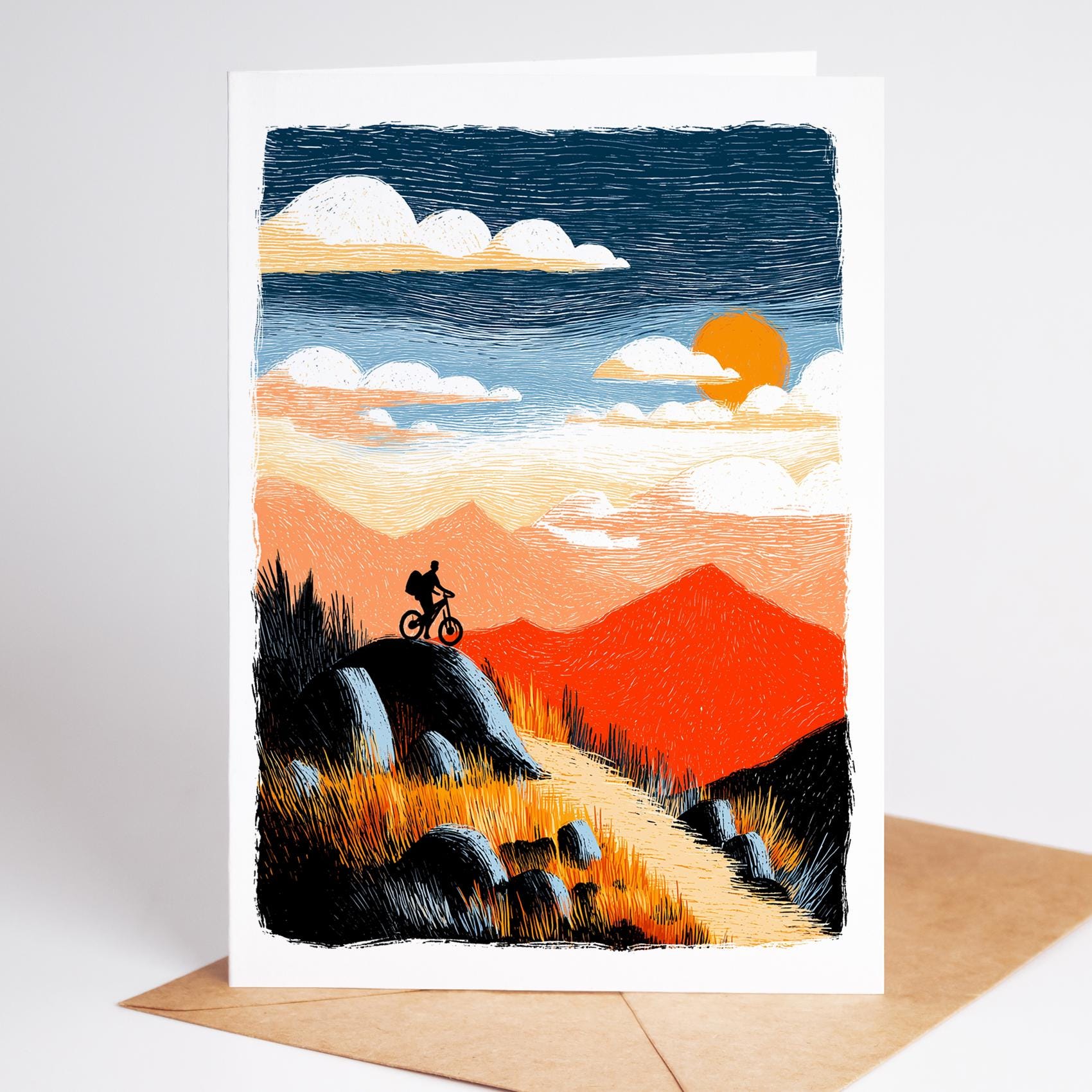 Mountain Bike folk-art greeting card, blank inside