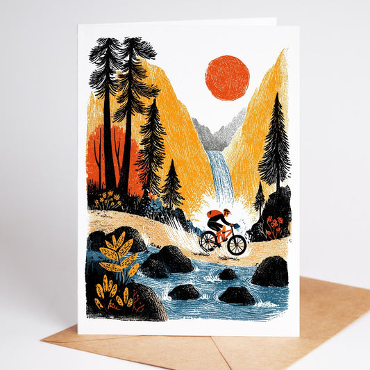 Mountain Bike folk-art greeting card, blank inside