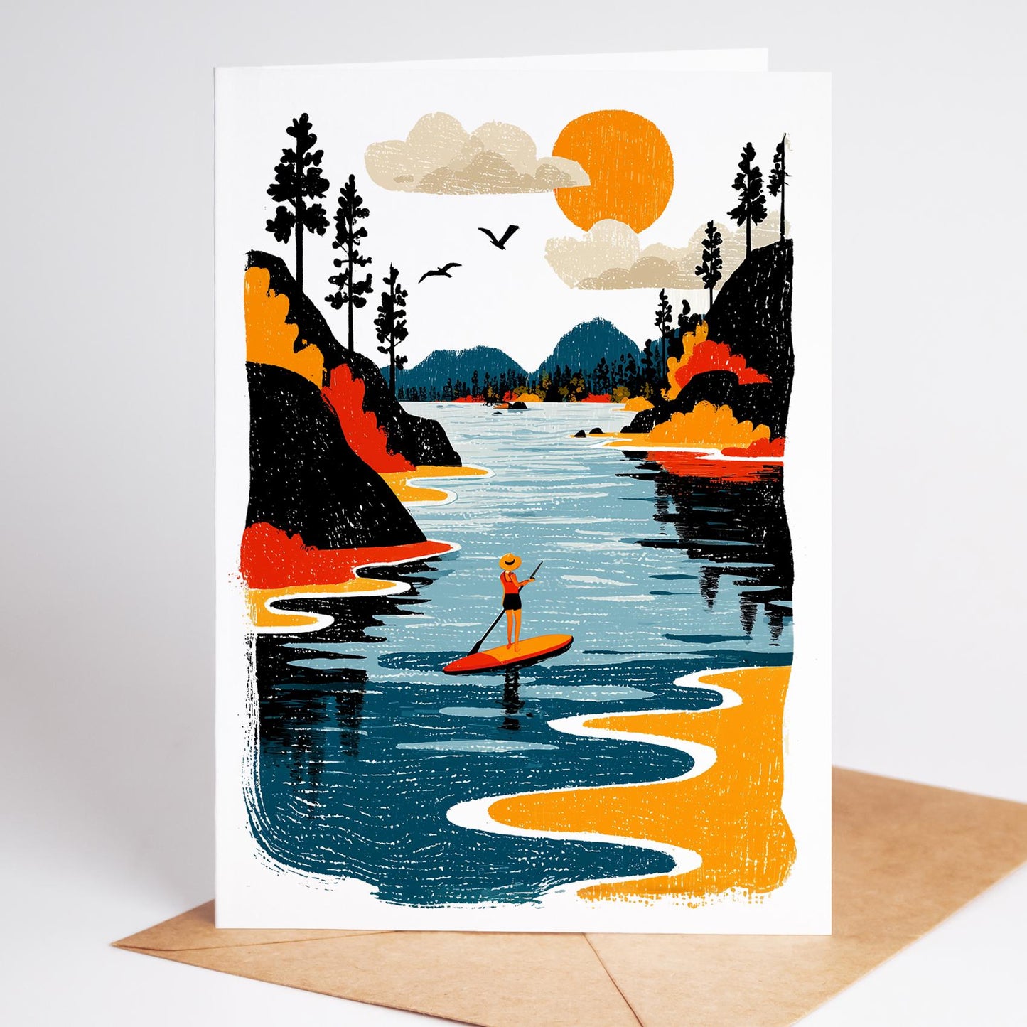 Paddleboard folk-art greeting card, blank inside