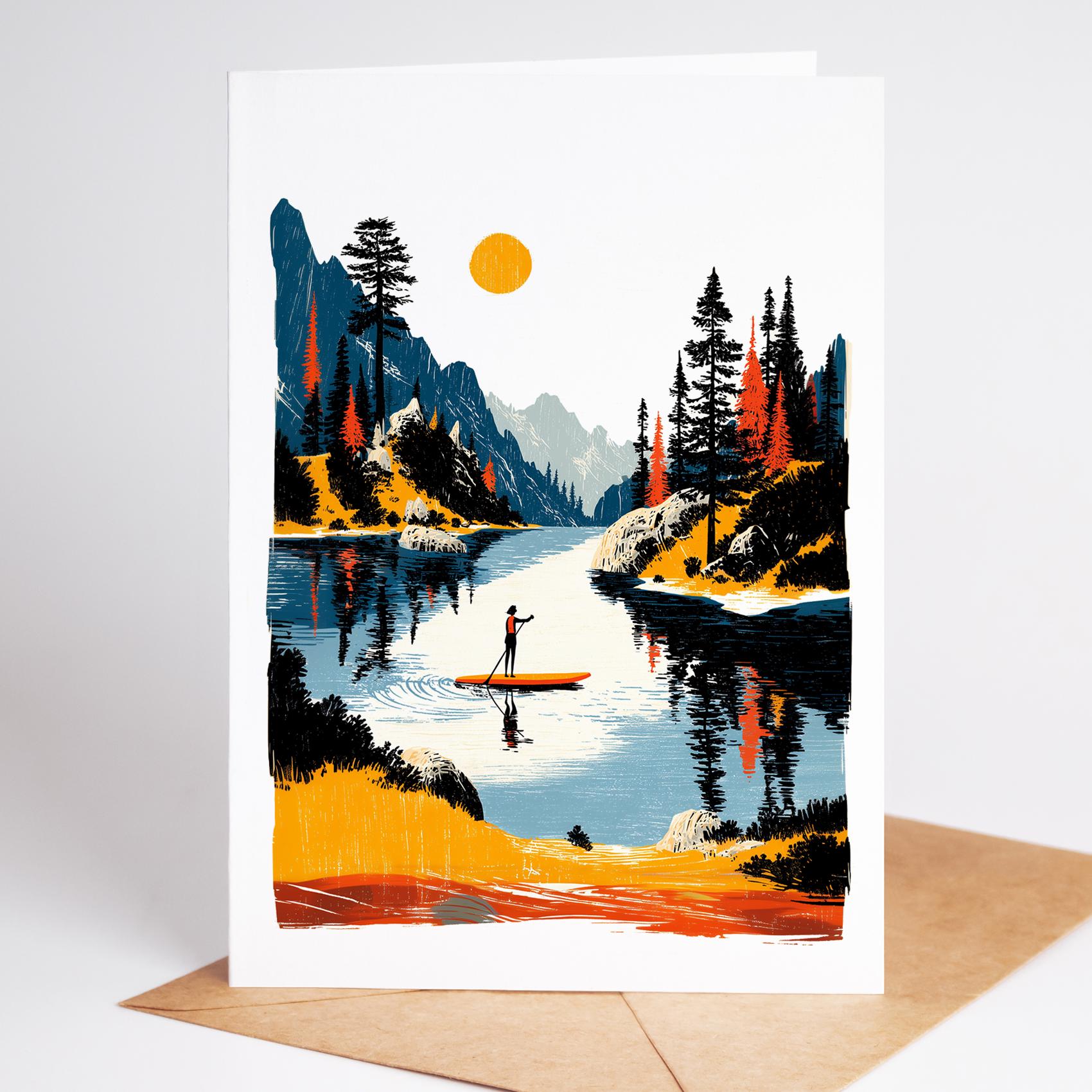 Paddleboard folk-art greeting card, blank inside