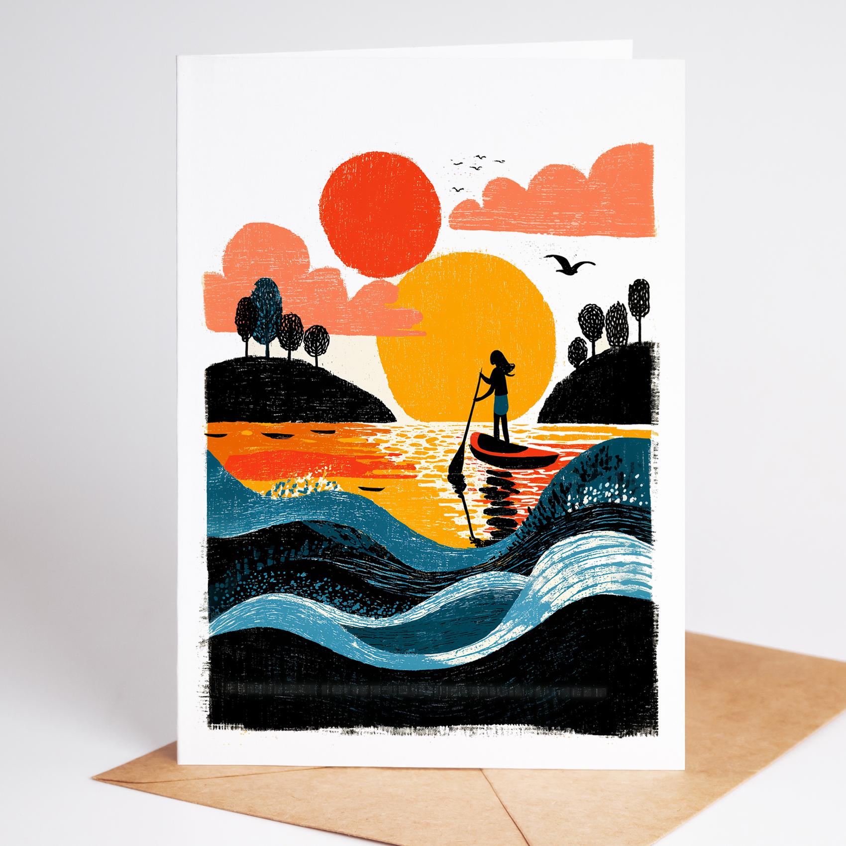 Paddleboard folk-art greeting card, blank inside