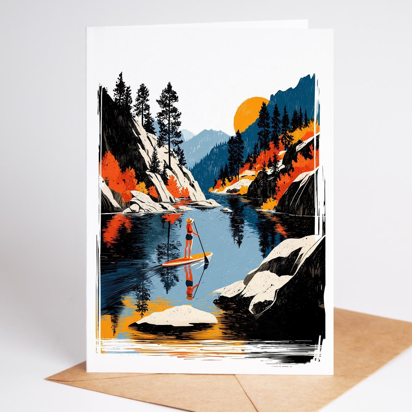 Paddleboard folk-art greeting card, blank inside