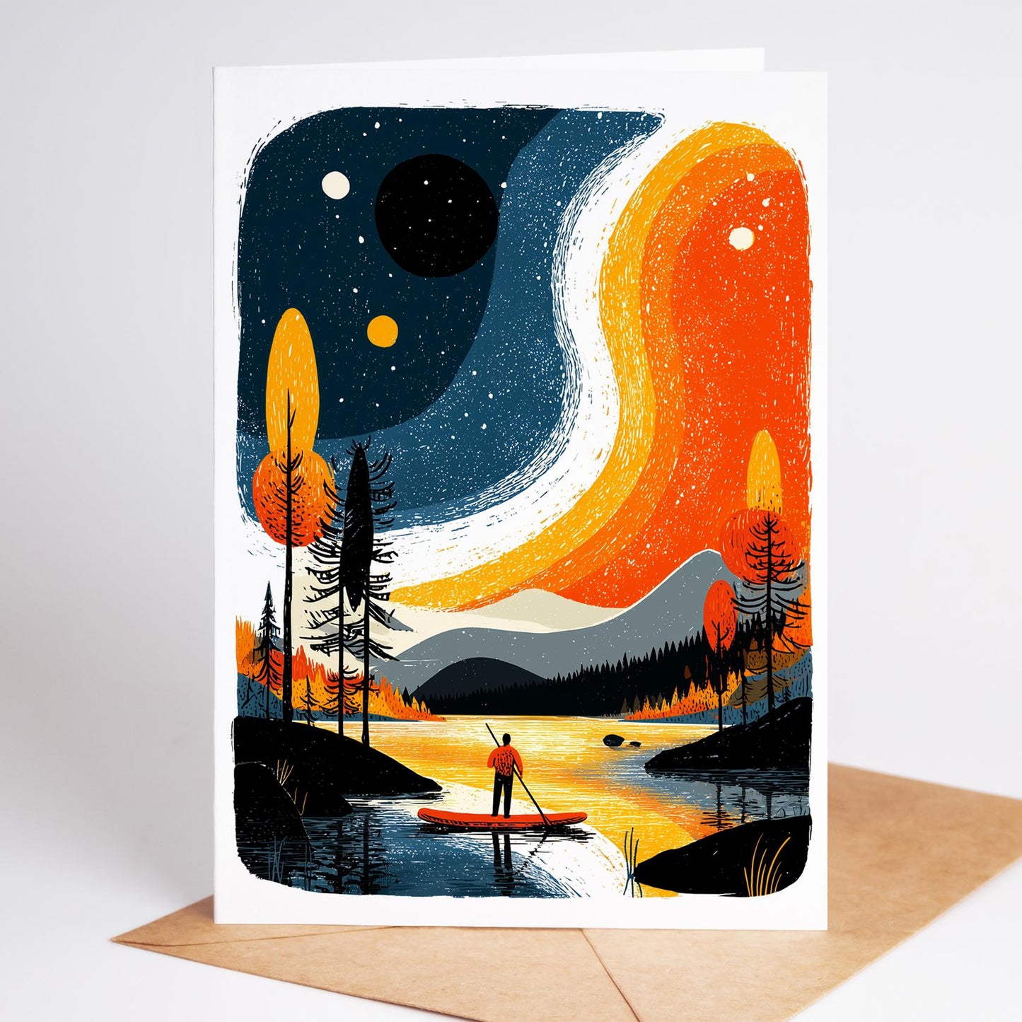 Paddleboard folk-art greeting card, blank inside