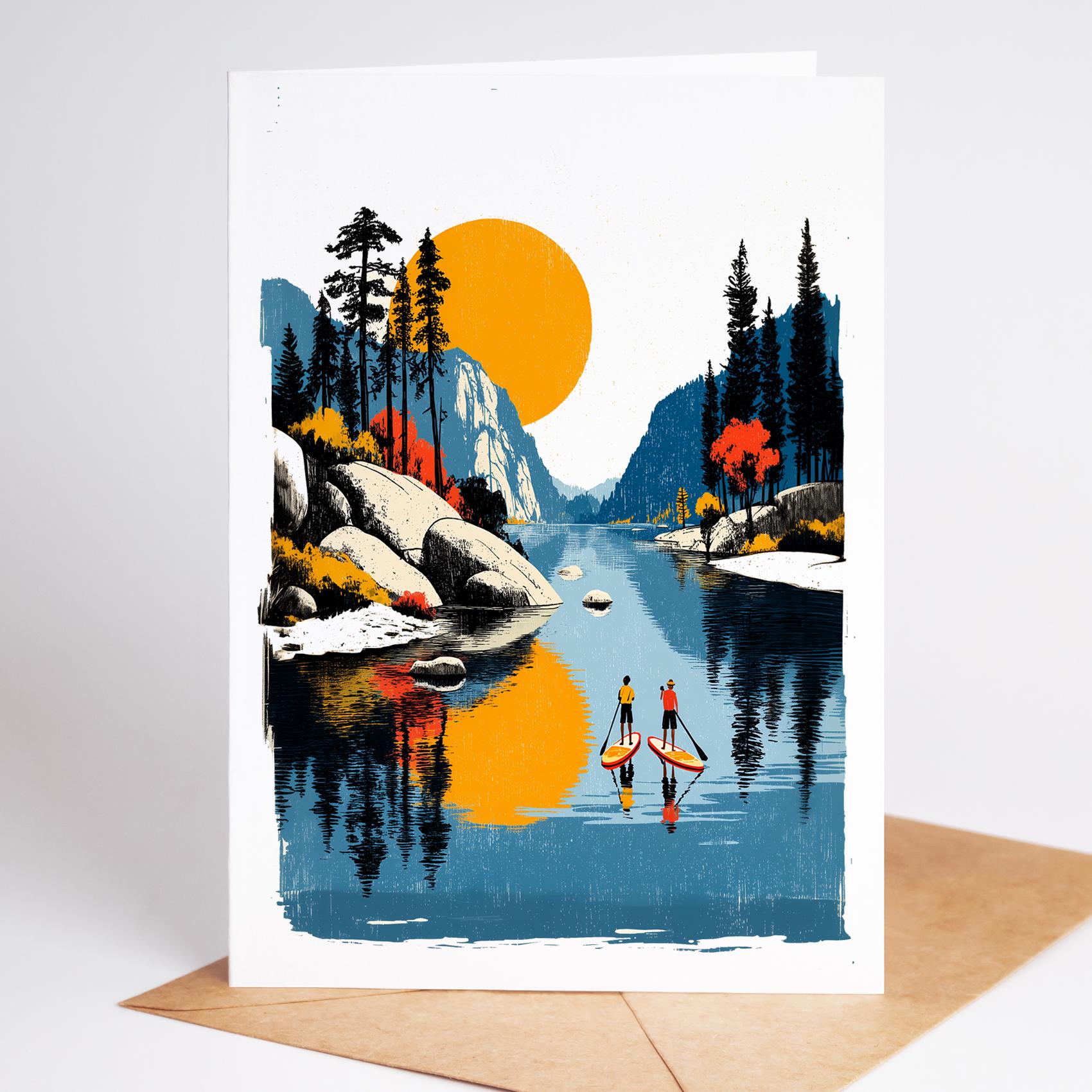 Paddleboard folk-art greeting card, blank inside