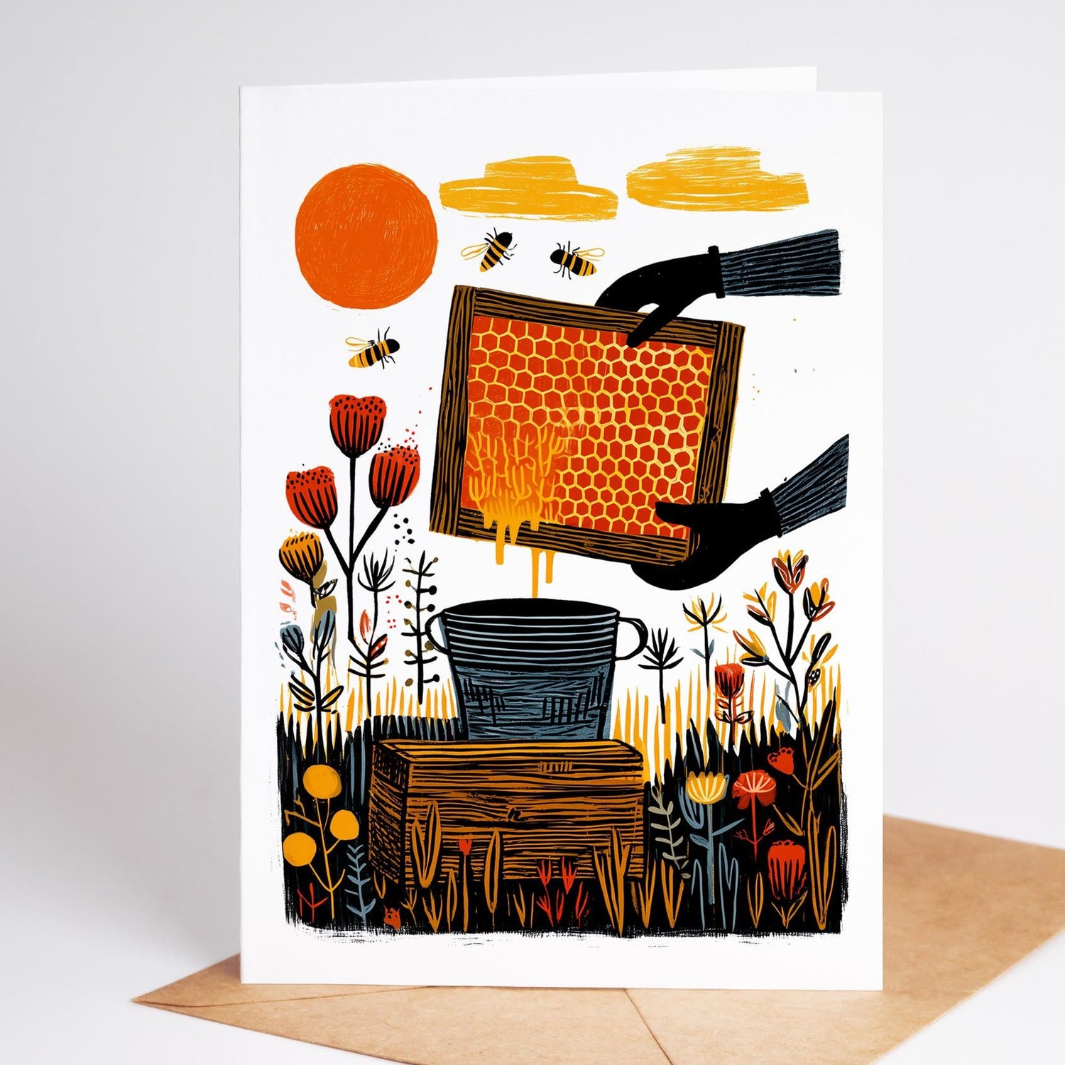Beekeeping folk-art greeting card, blank inside