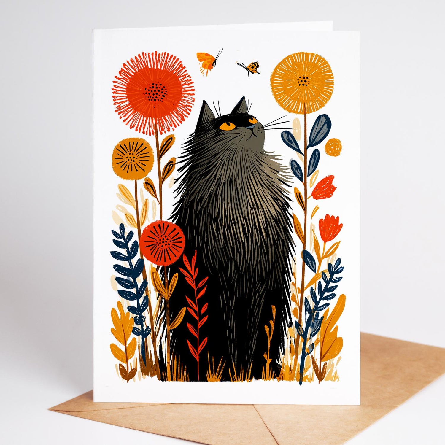 Cat folk-art greeting card, blank inside