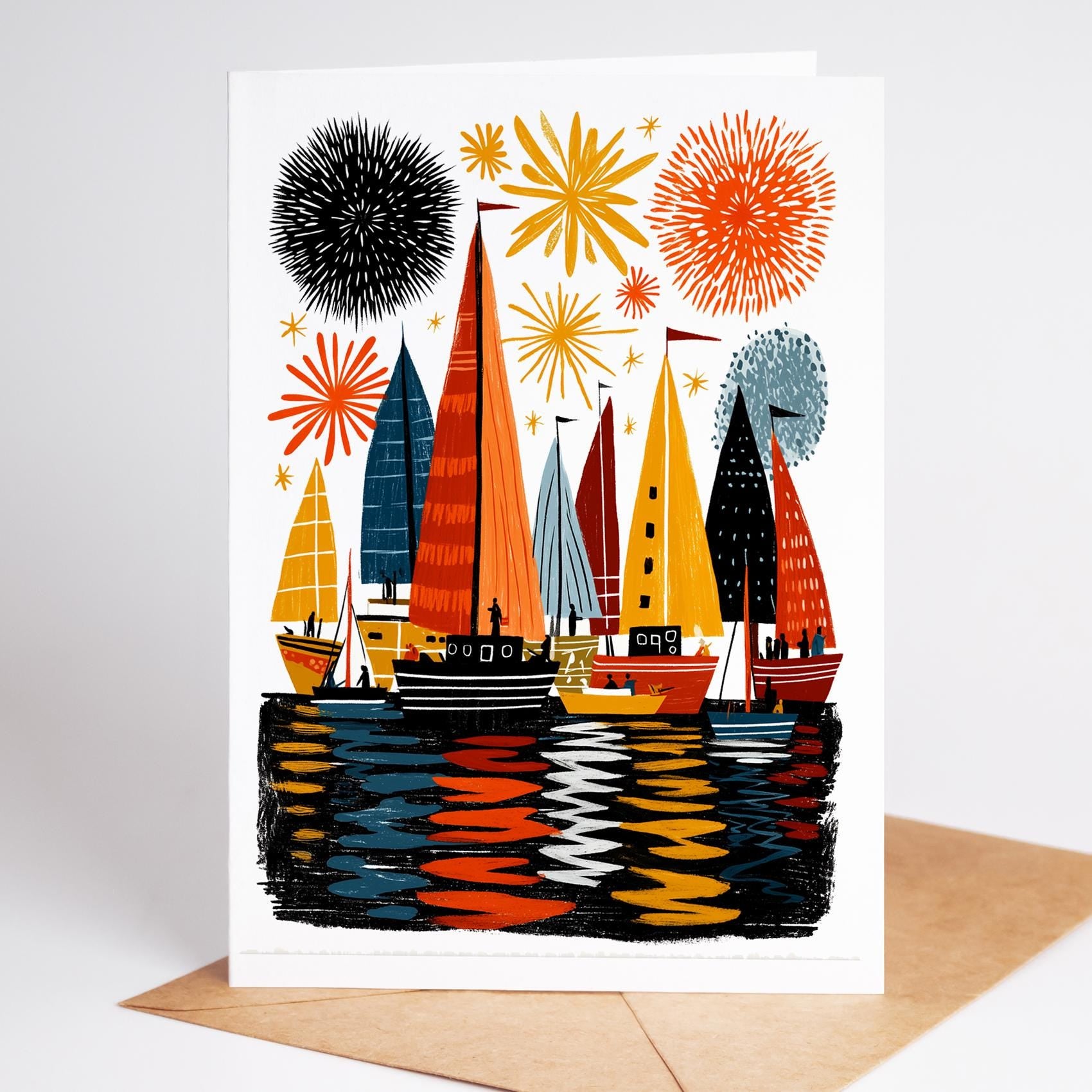 Sailing folk-art greeting card, blank inside