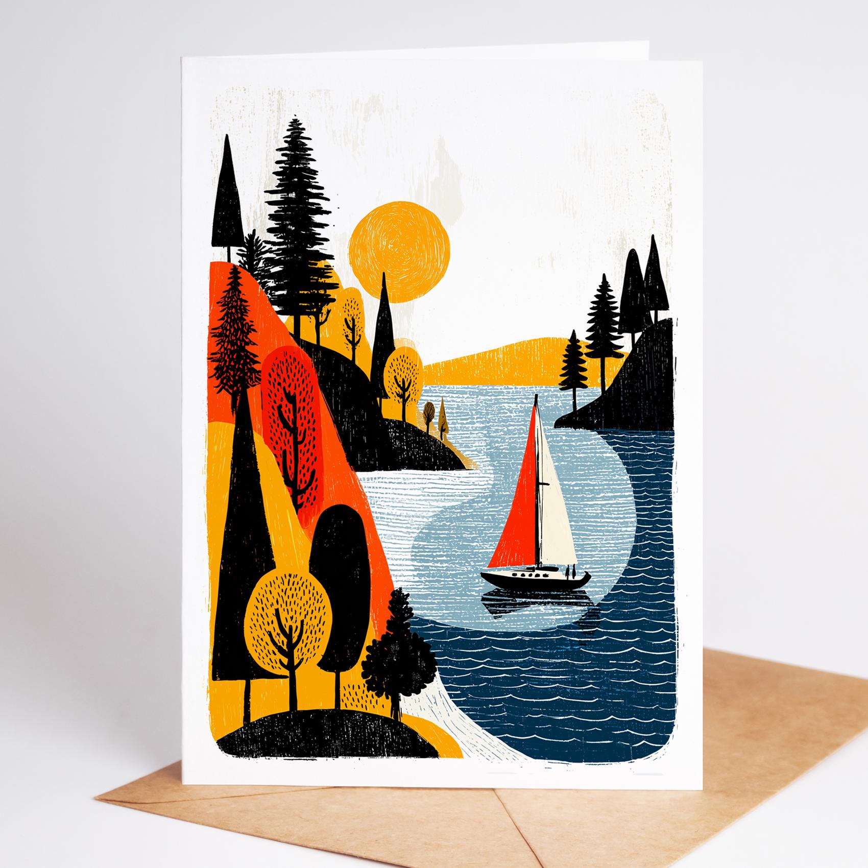 Sailing folk-art greeting card, blank inside