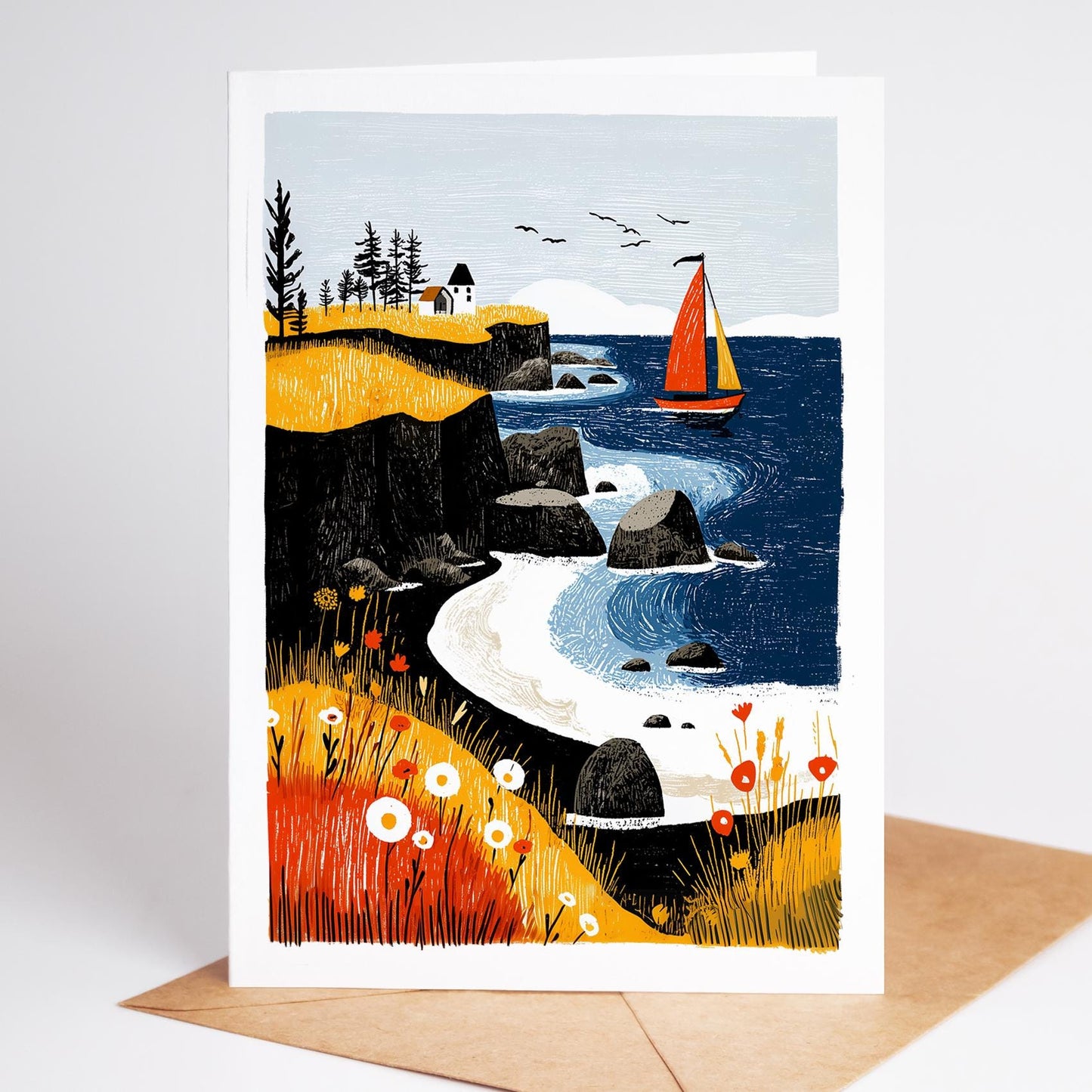 Sailing folk-art greeting card, blank inside