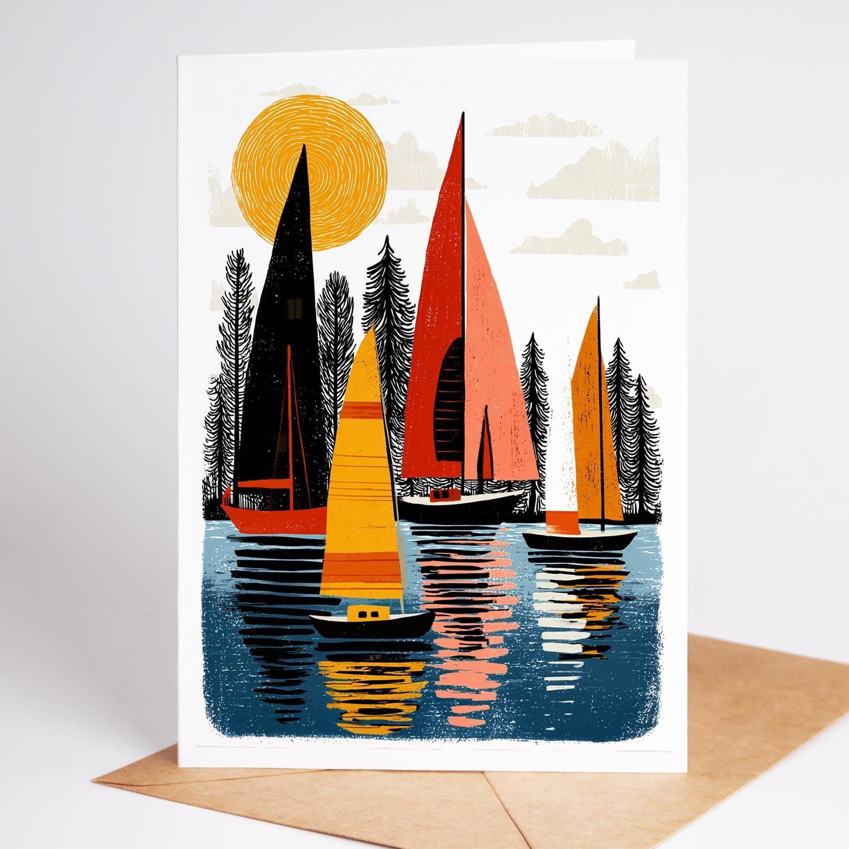 Sailing folk-art greeting card, blank inside