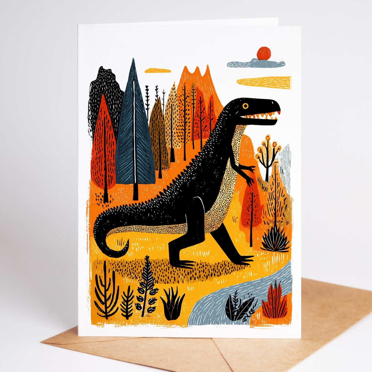 Dinosaur folk-art greeting card, blank inside