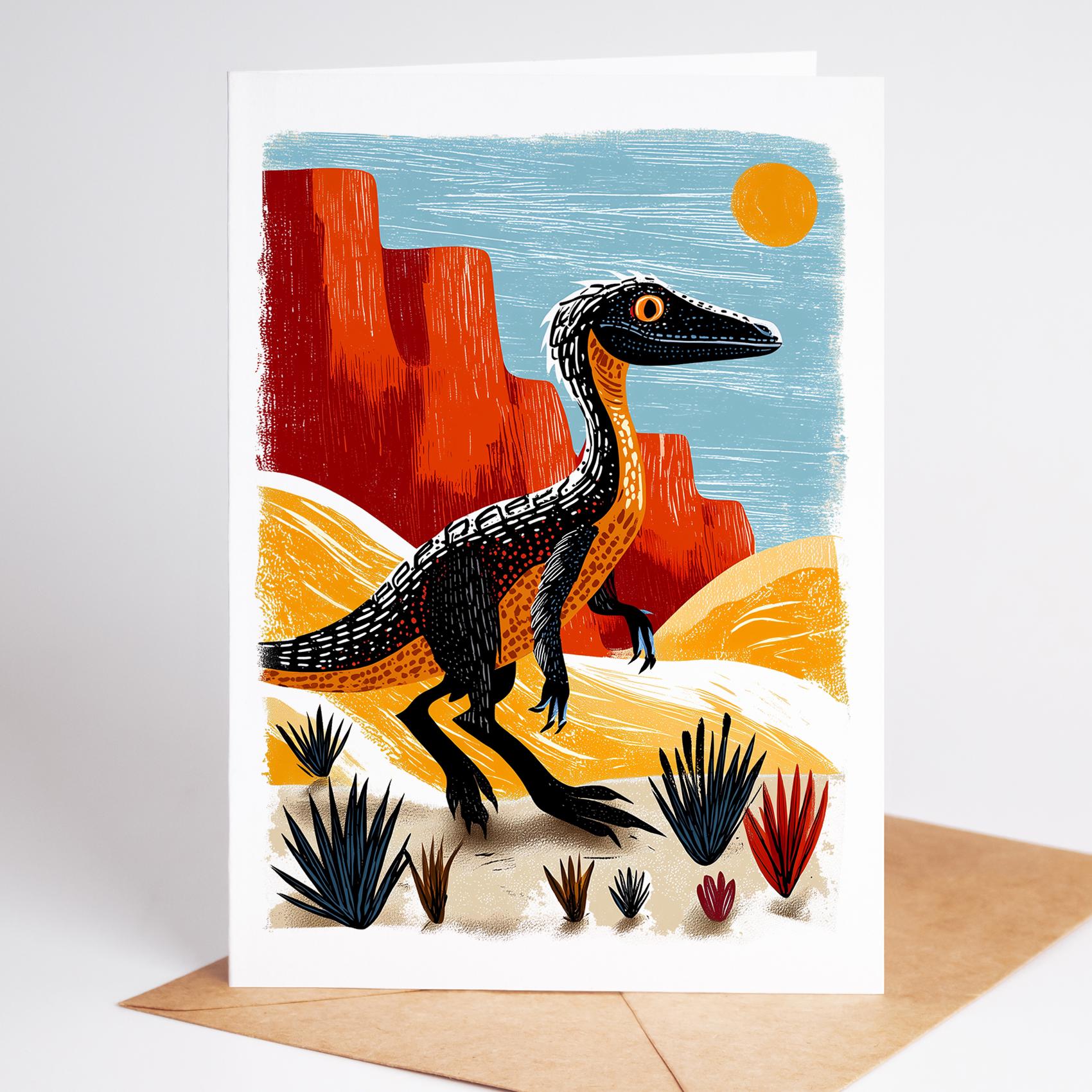 Dinosaur folk-art greeting card, blank inside