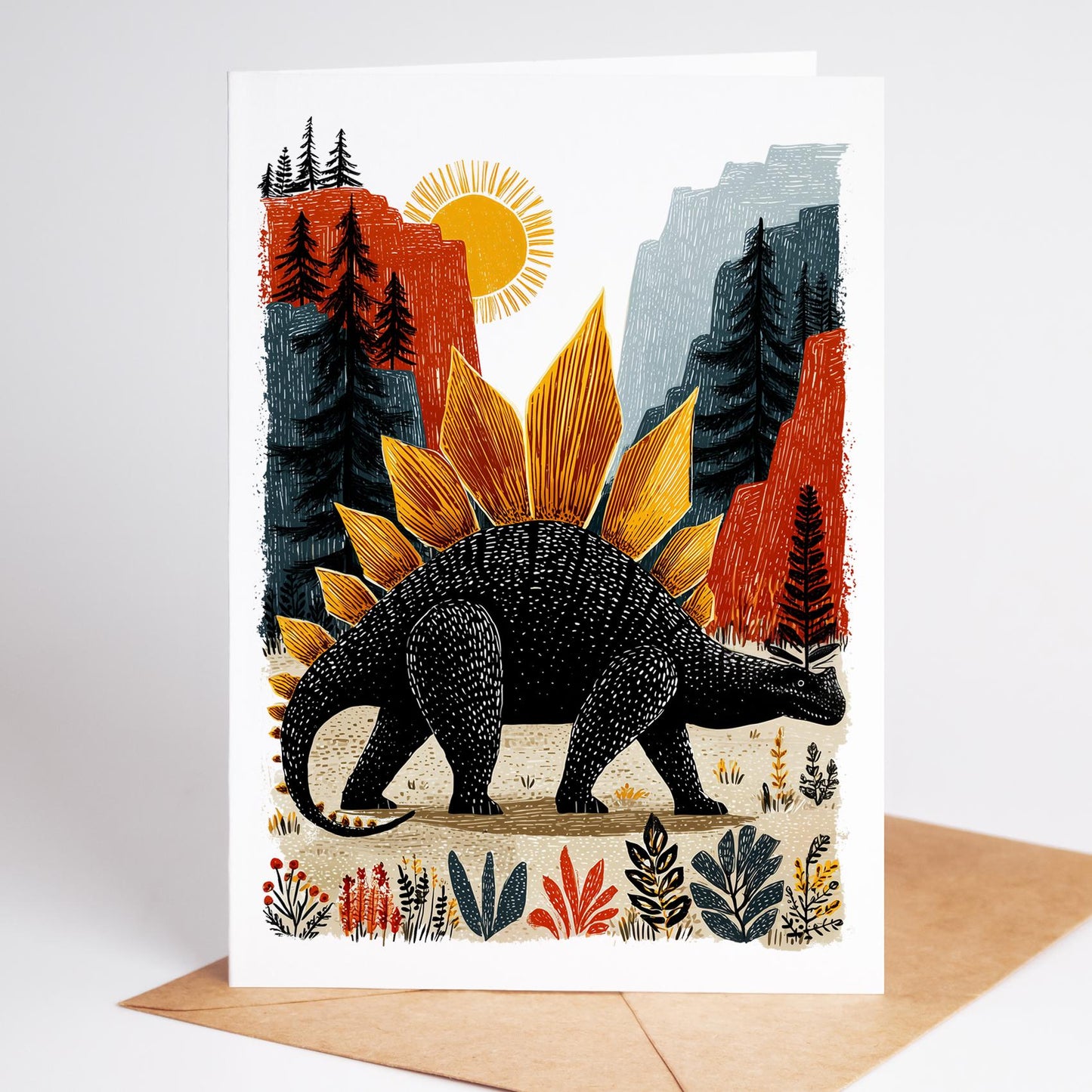 Dinosaur folk-art greeting card, blank inside