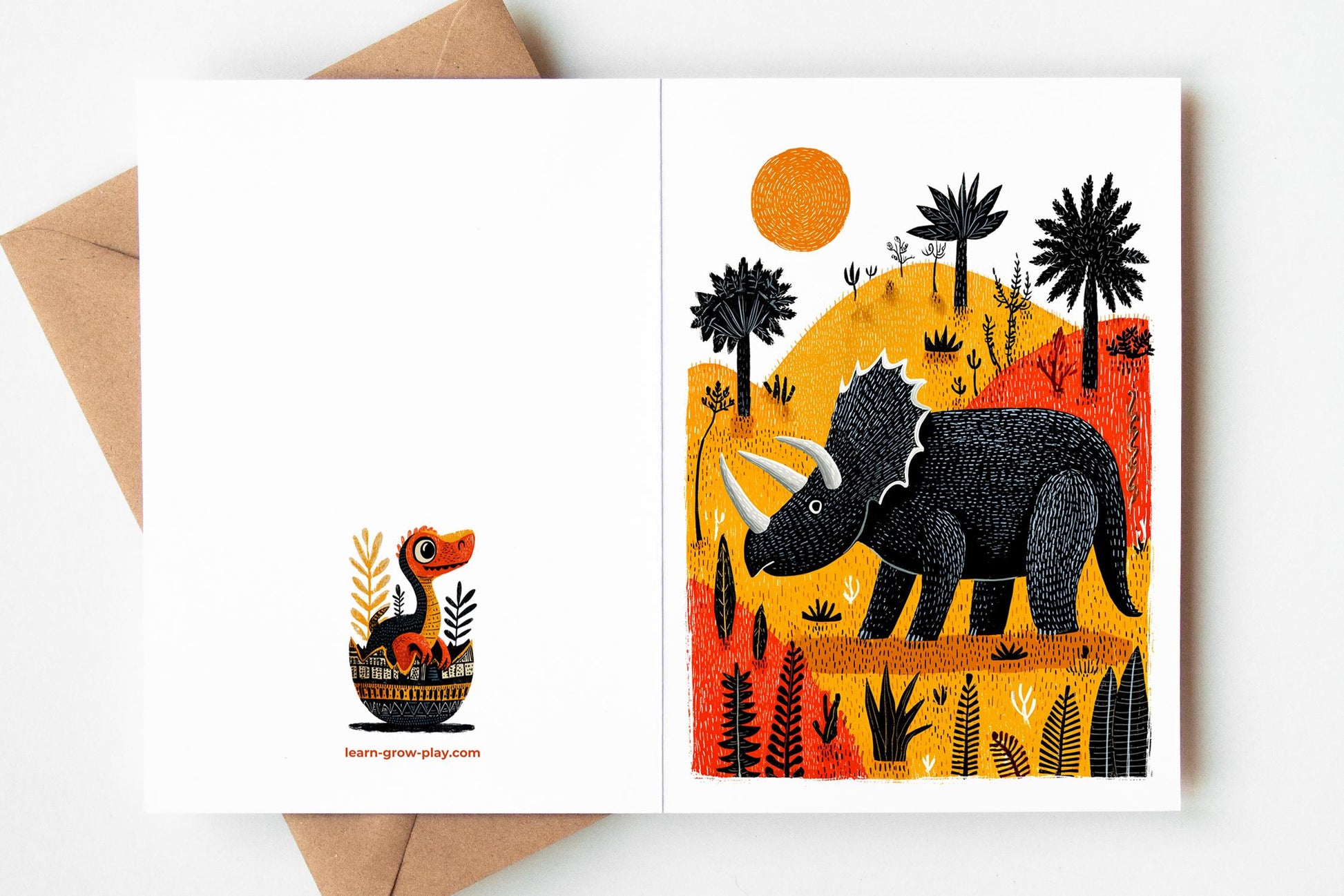 Dinosaur folk-art greeting card, blank inside