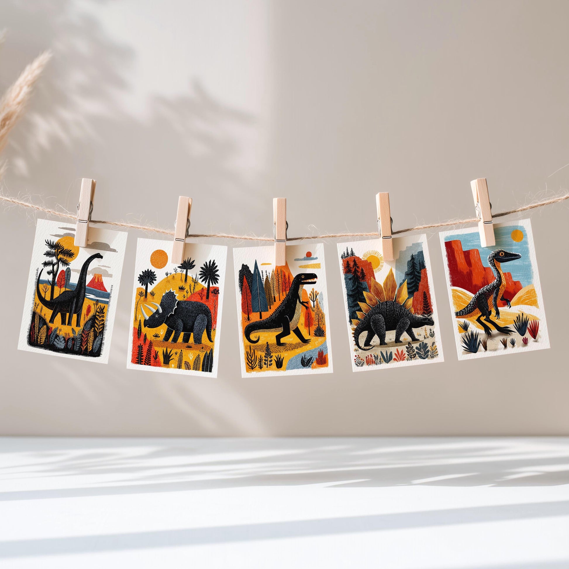 Dinosaur folk-art greeting card, blank inside