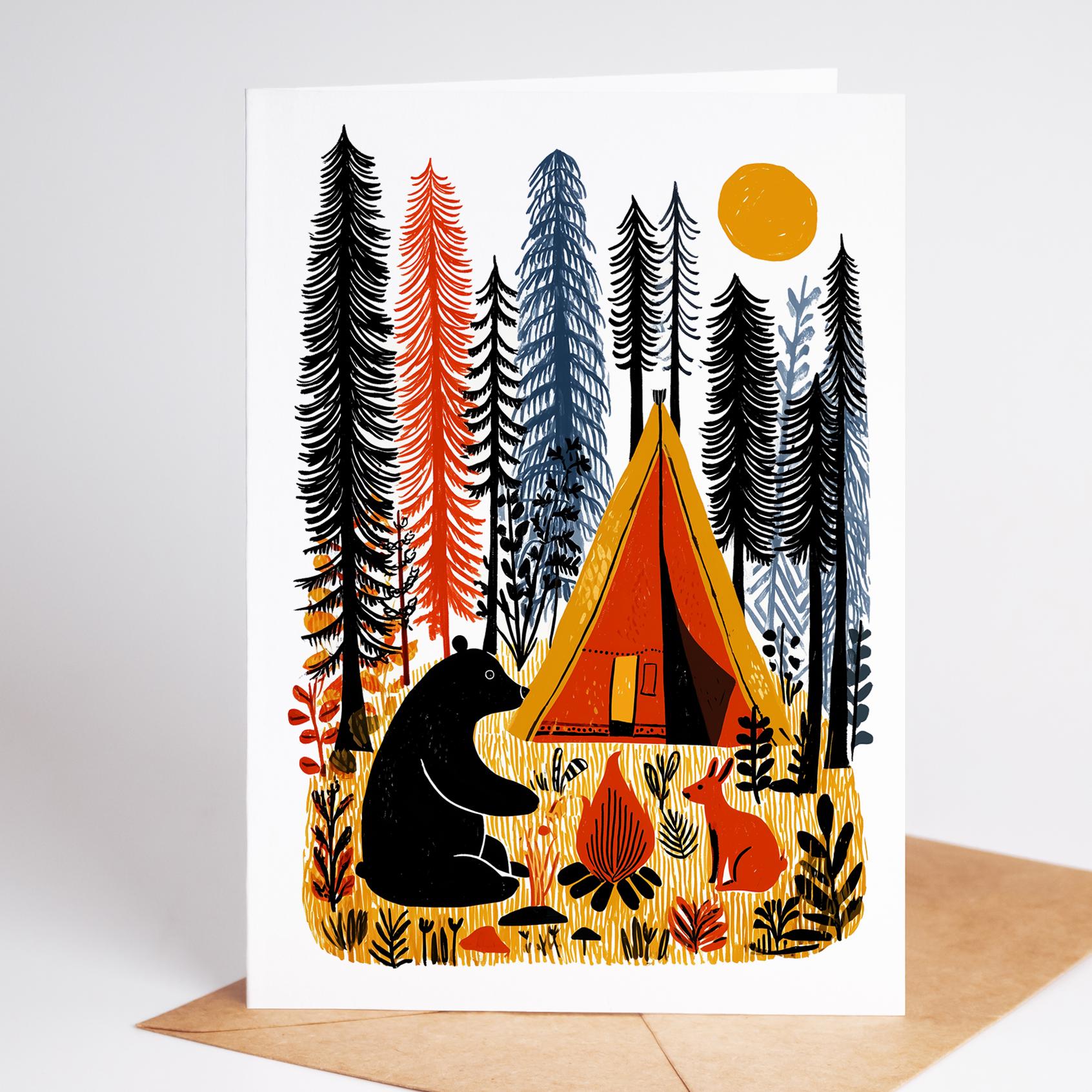 Camping folk-art greeting card, blank inside