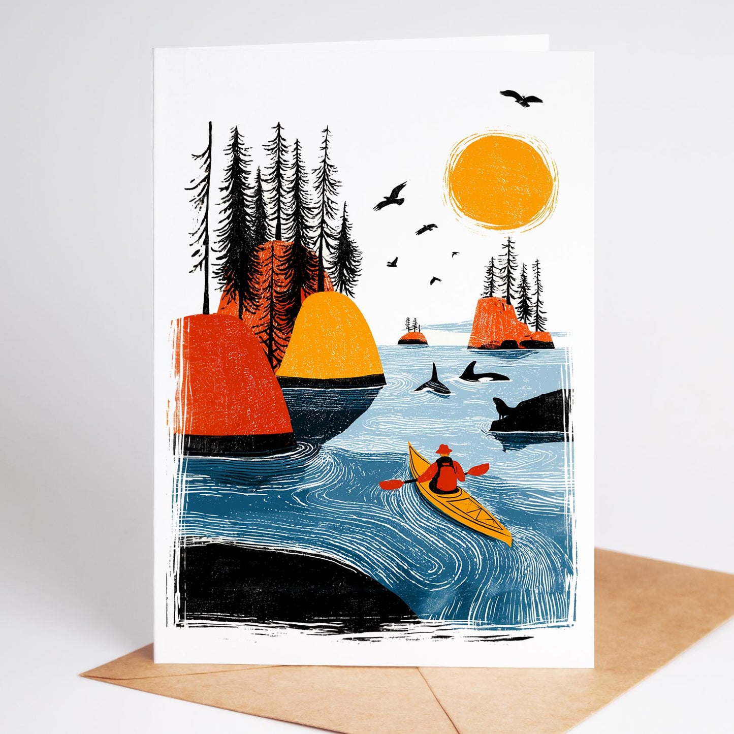 Kayak folk-art greeting card, blank inside