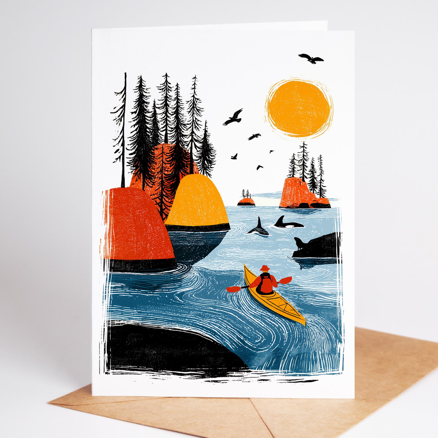 Kayak folk-art greeting card, blank inside