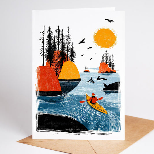 Kayak folk-art greeting card, blank inside