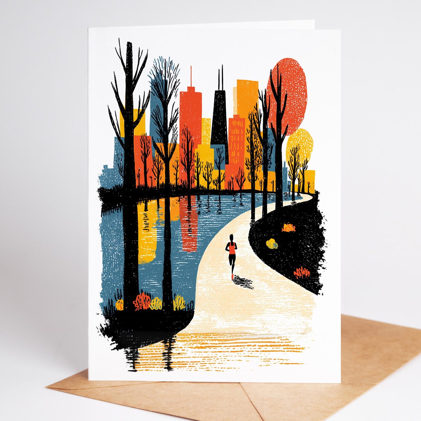 Running folk-art greeting card, blank inside