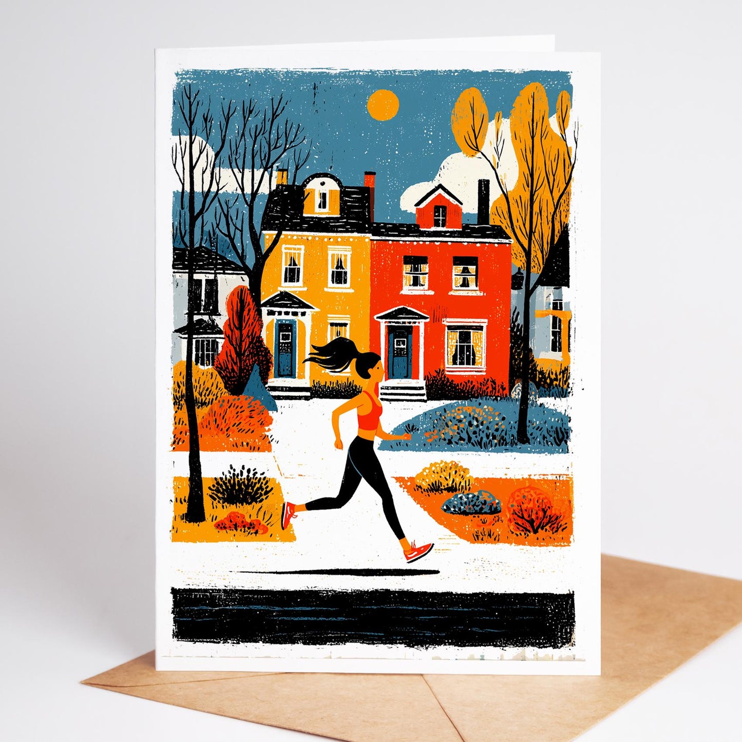 Running folk-art greeting card, blank inside