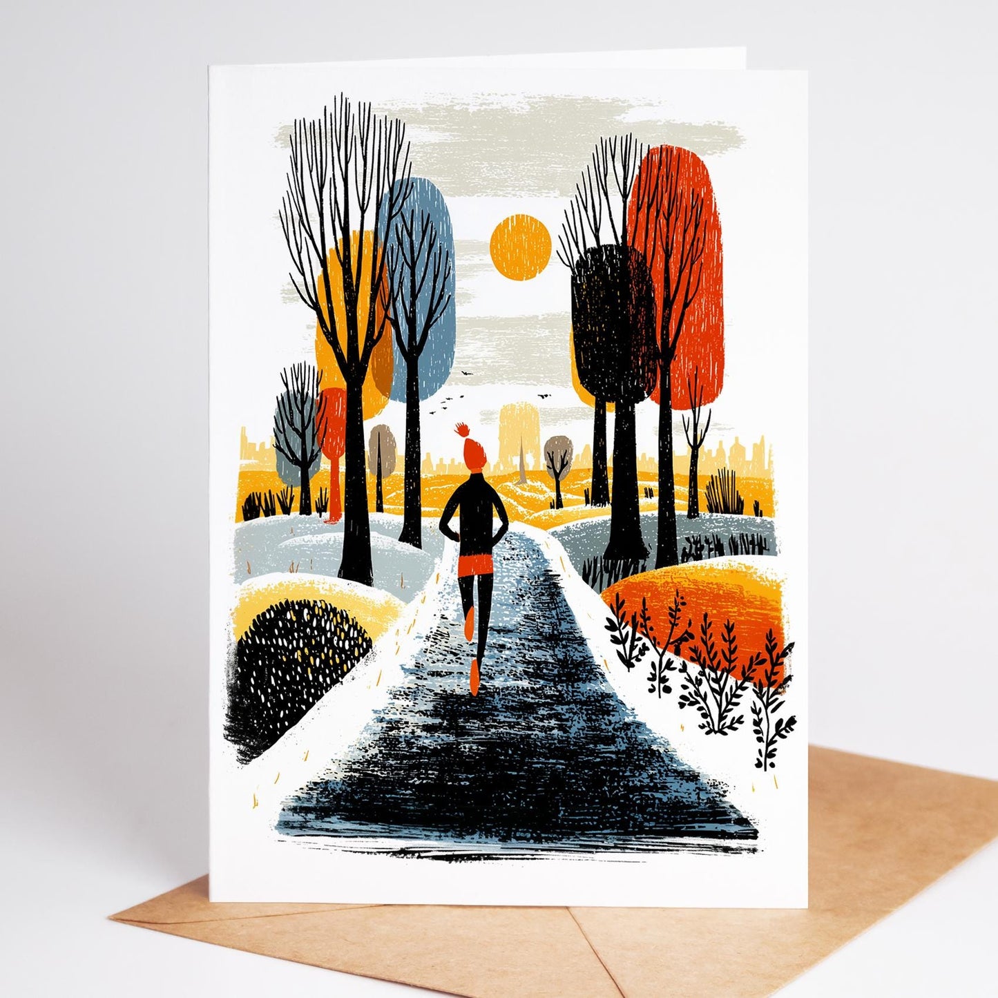 Running folk-art greeting card, blank inside