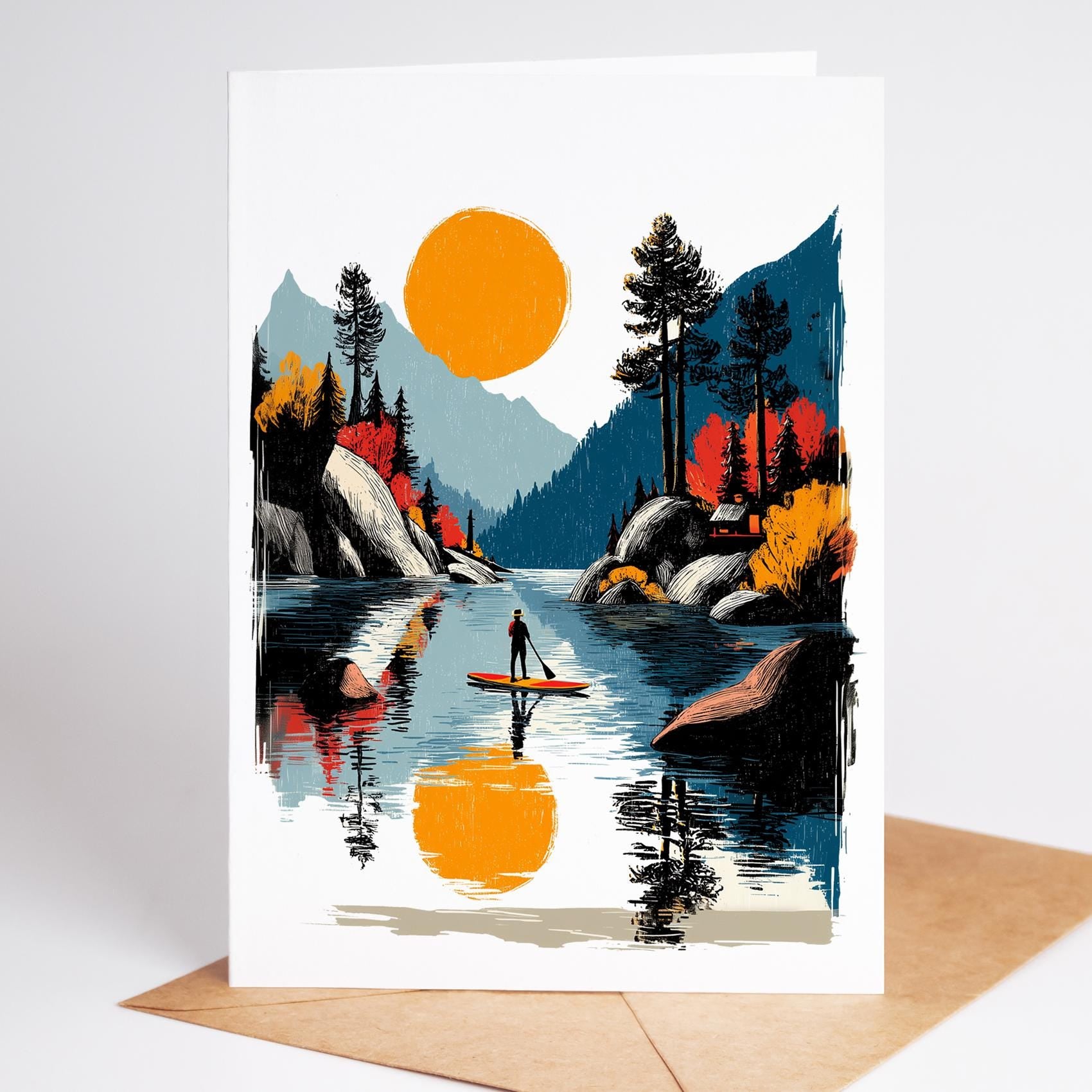 Paddleboard folk-art greeting card, blank inside