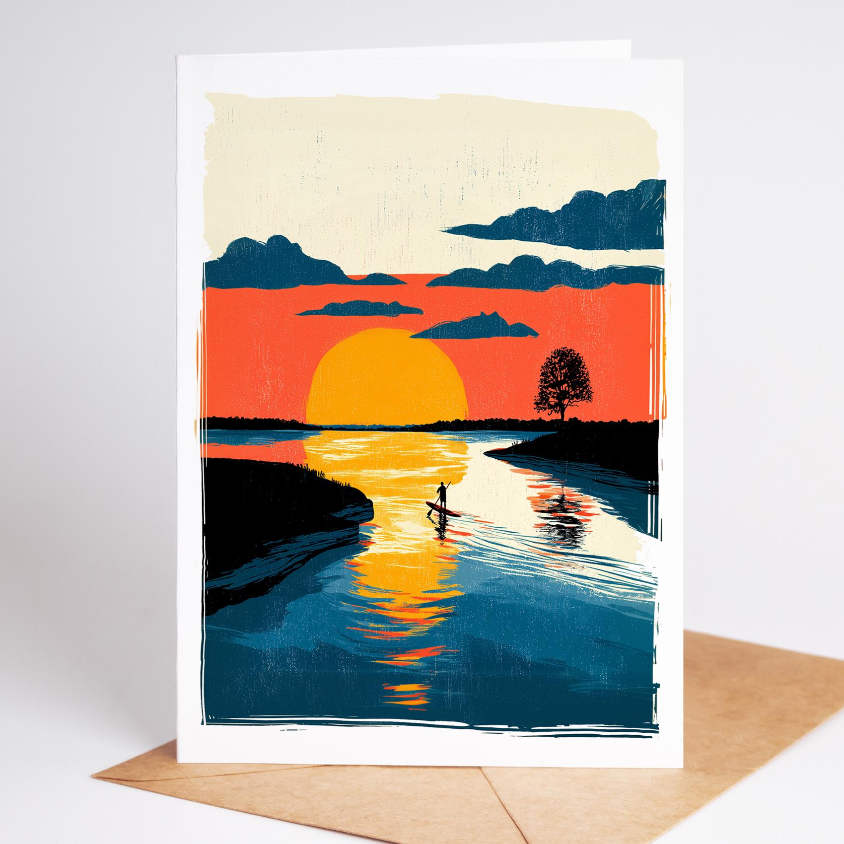 Paddleboard folk-art greeting card, blank inside