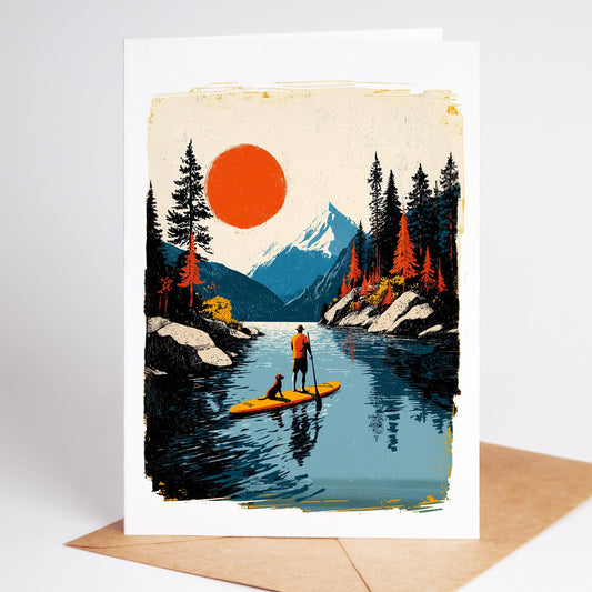 Paddleboard folk-art greeting card, blank inside
