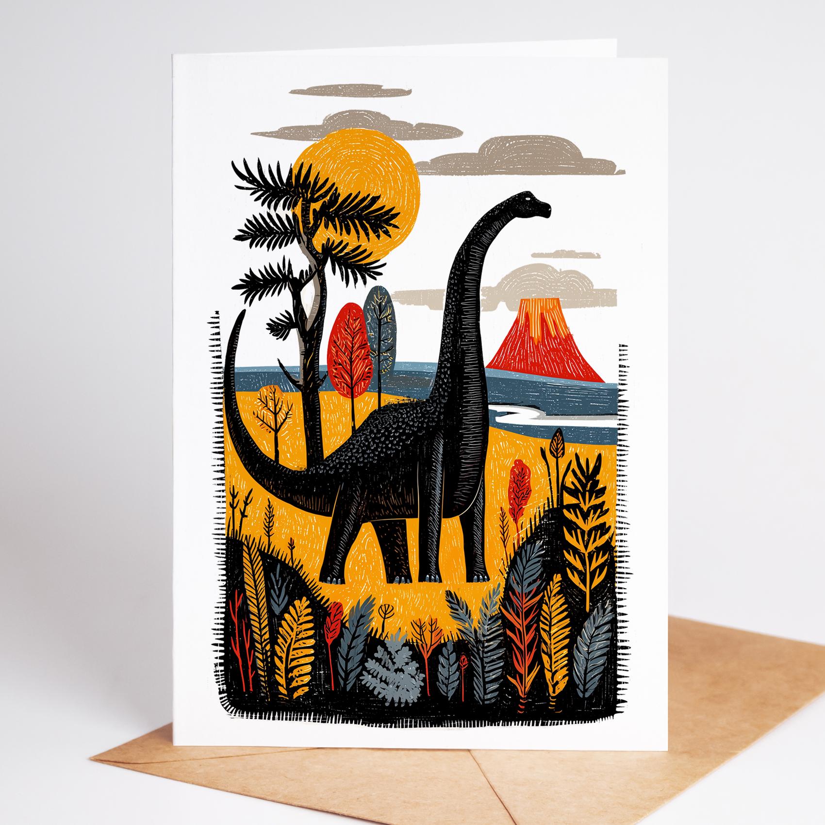 Dinosaur folk-art greeting card, blank inside