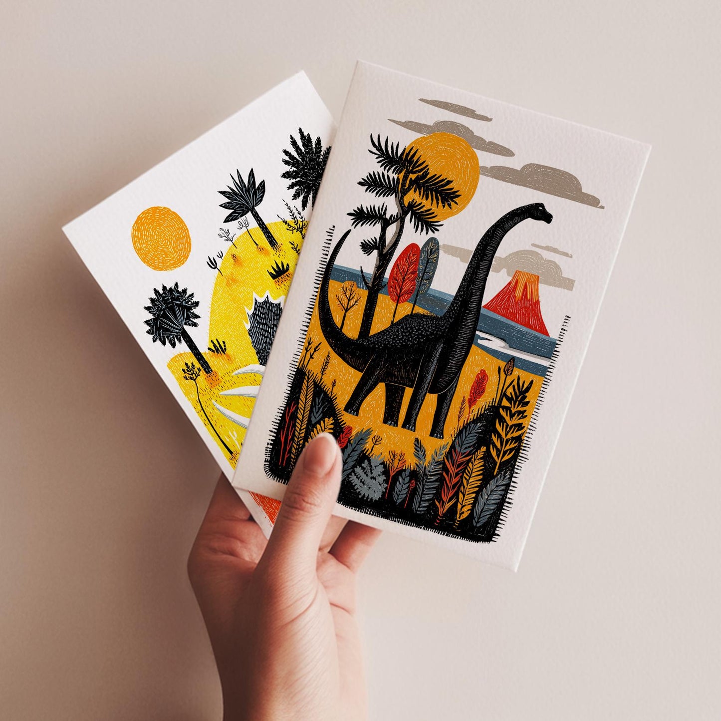 Dinosaur folk-art greeting card, blank inside