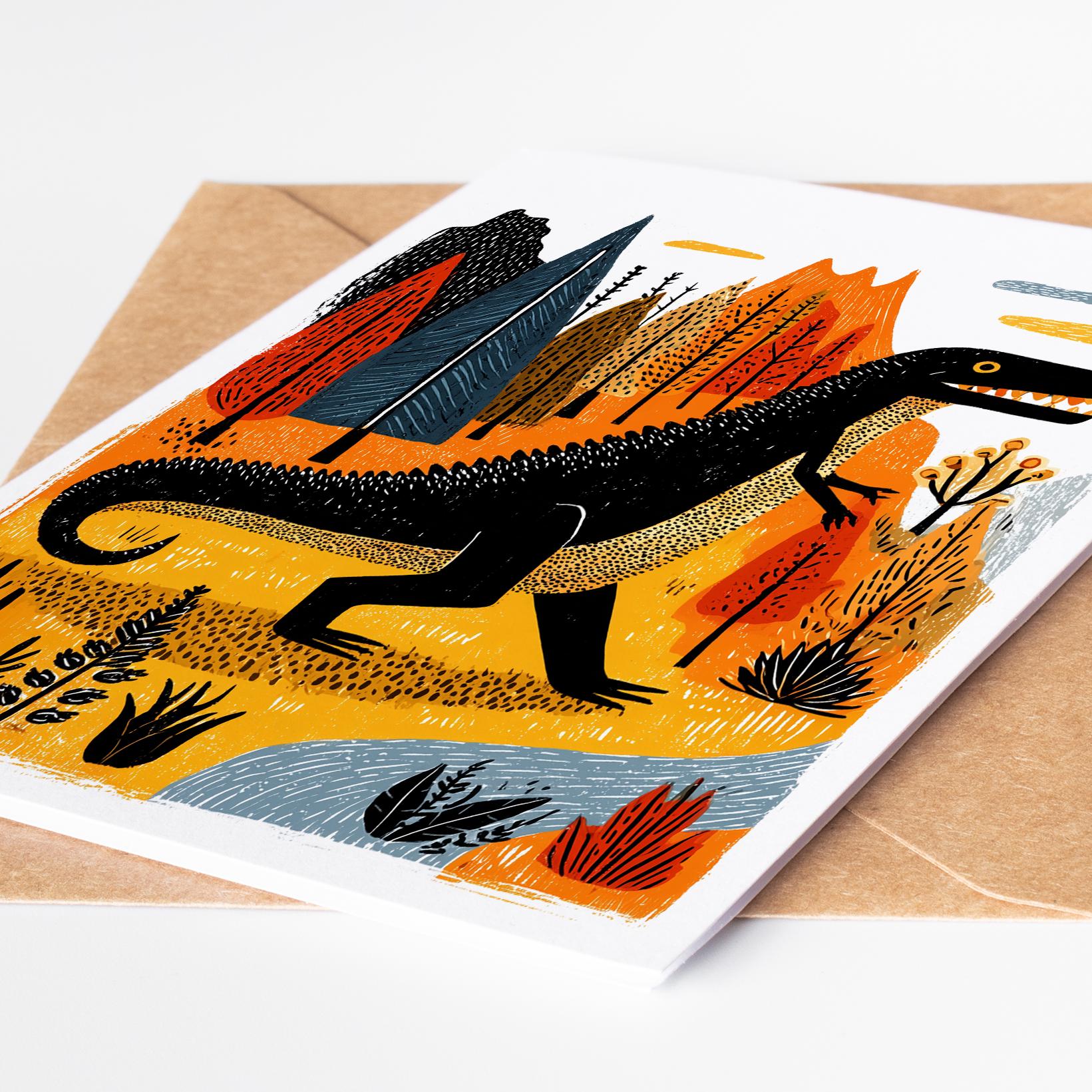 Dinosaur folk-art greeting card, blank inside