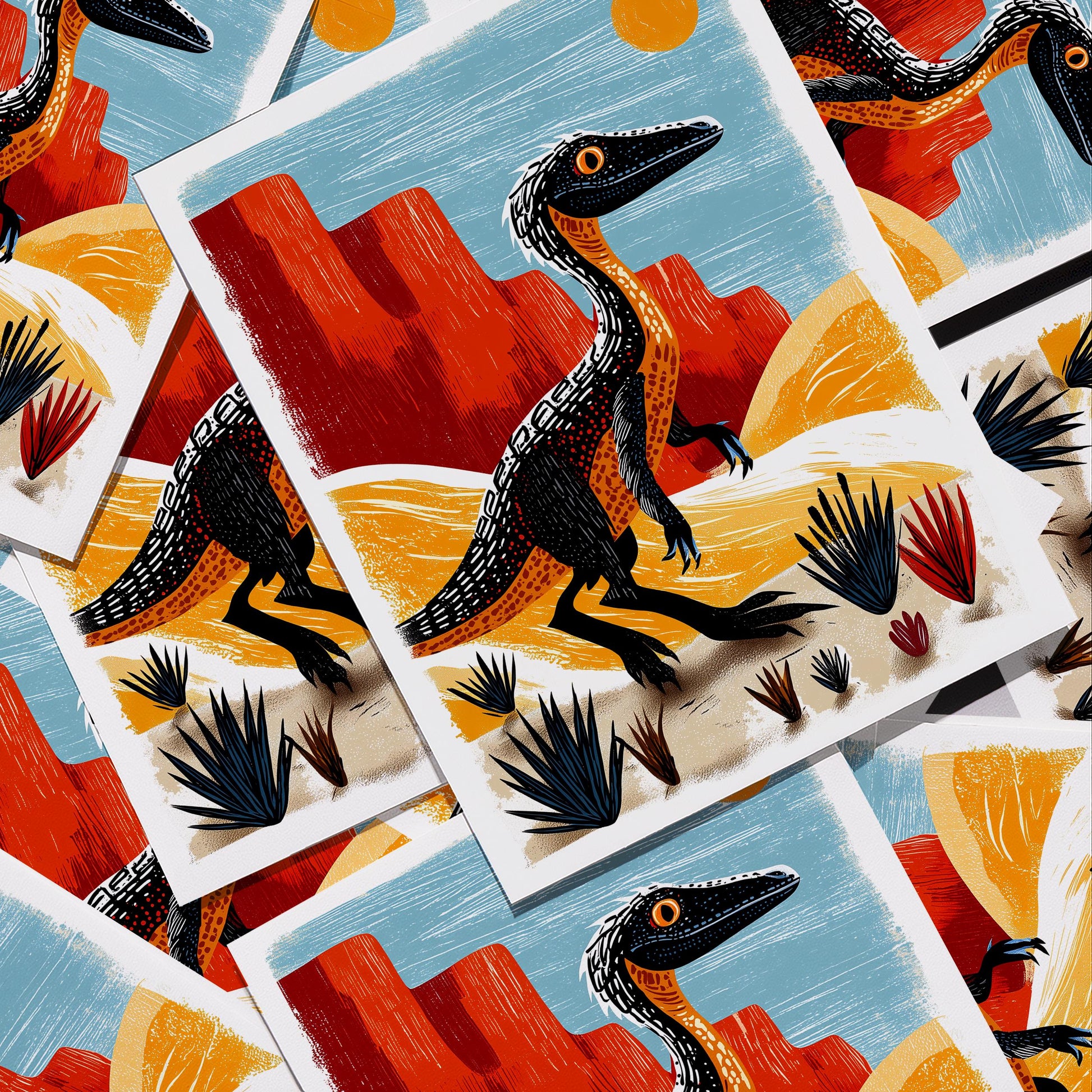 Dinosaur folk-art greeting card, blank inside