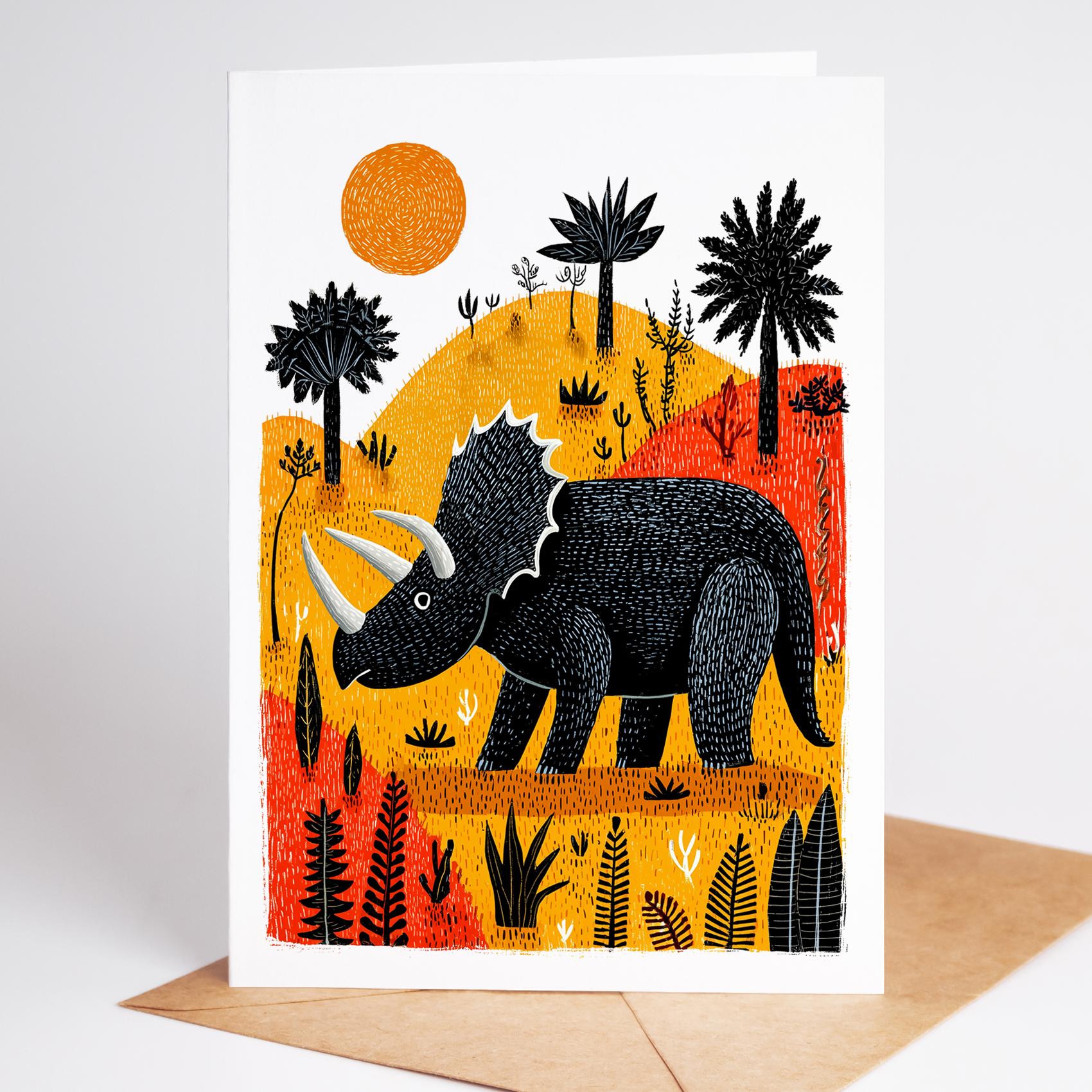 Dinosaur folk-art greeting card, blank inside