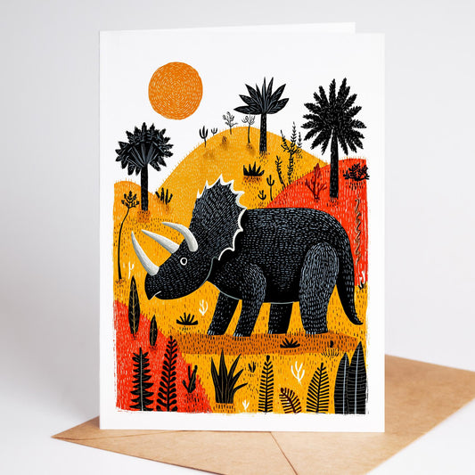 Dinosaur folk-art greeting card, blank inside