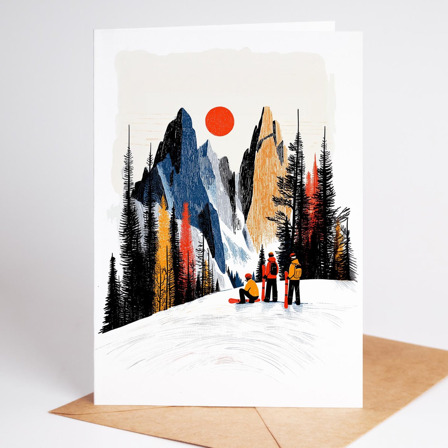 Snowboarding folk-art greeting card, blank inside