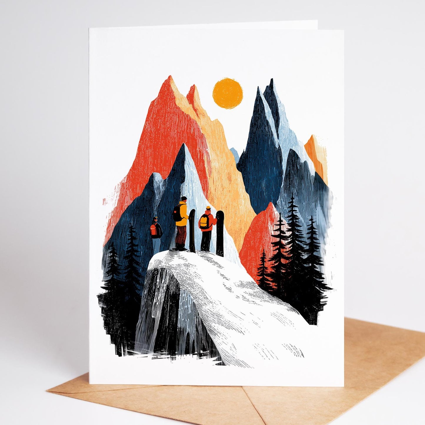 Snowboarding folk-art greeting card, blank inside