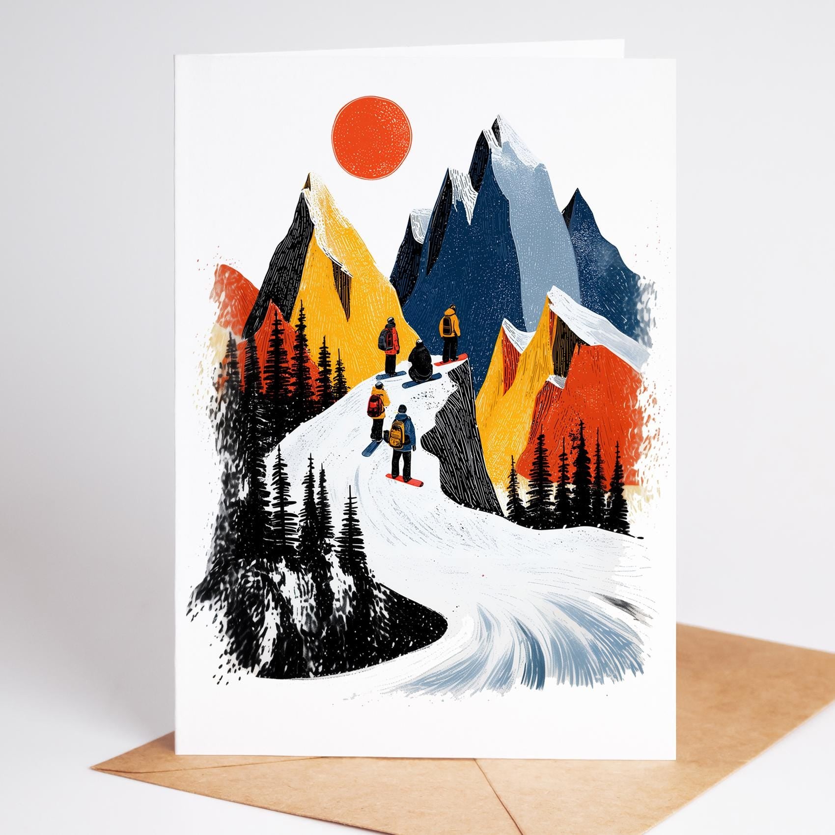 Snowboarding folk-art greeting card, blank inside